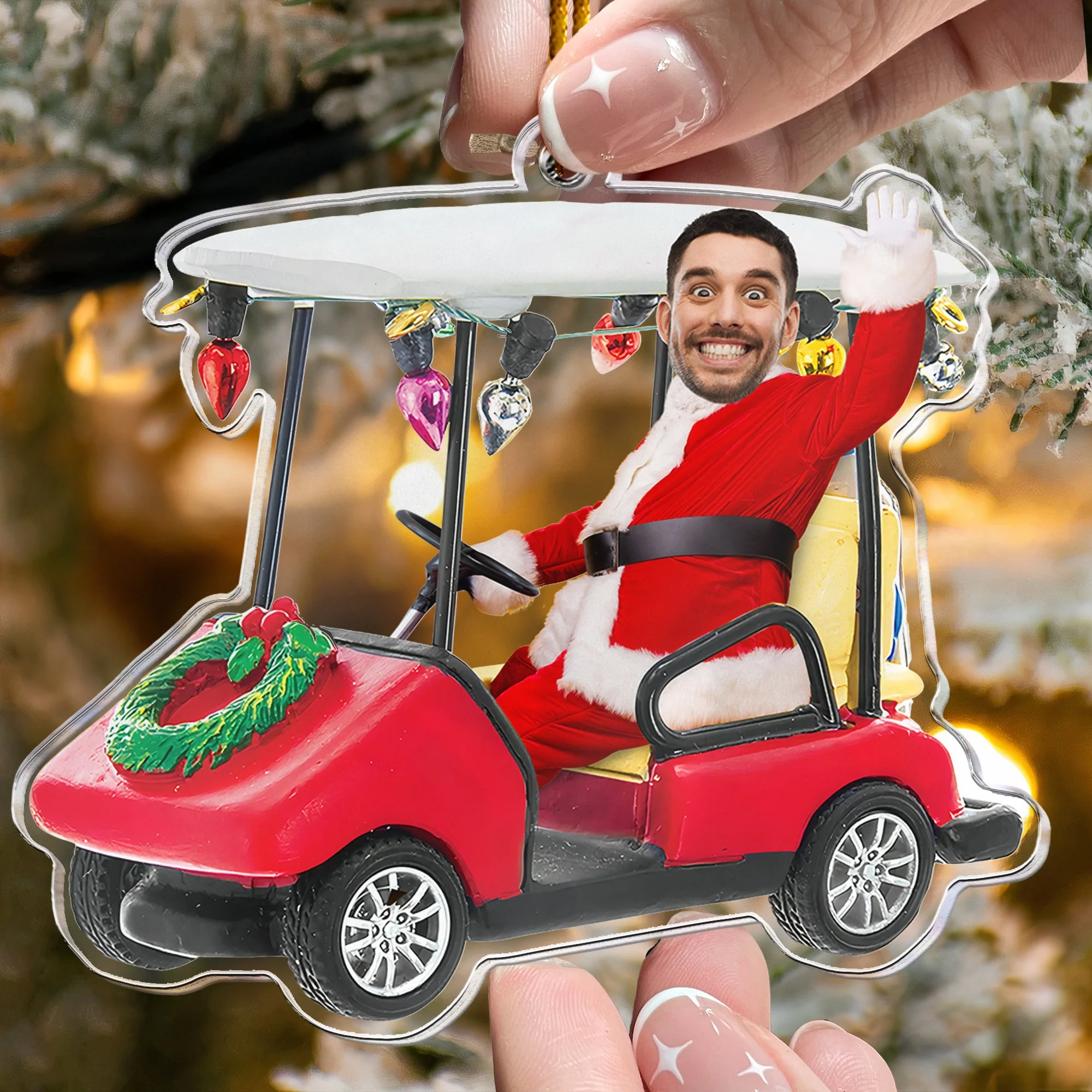 Custom Face Golf Cart - Personalized Acrylic Photo Ornament - Image 2