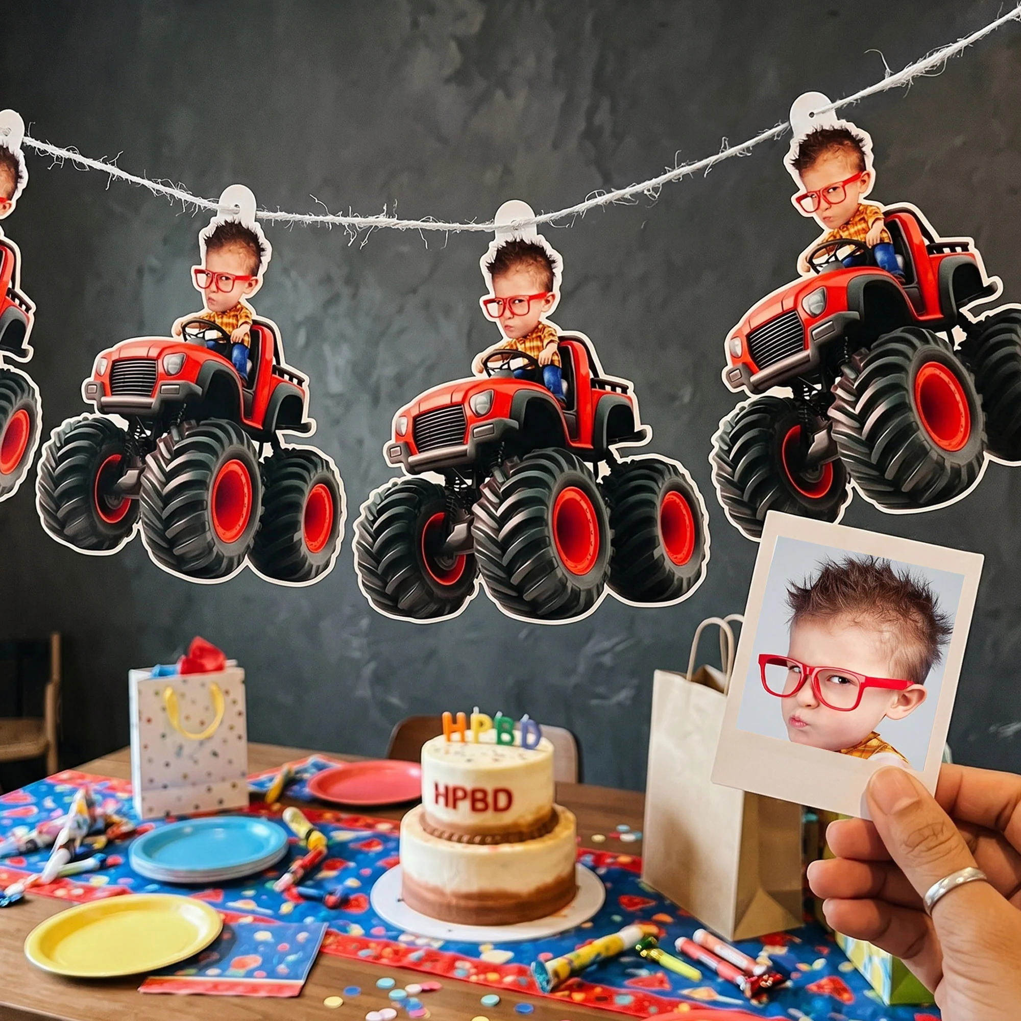 Custom Face Kid Riding Monster Truck Car - Personalized Garland Banner