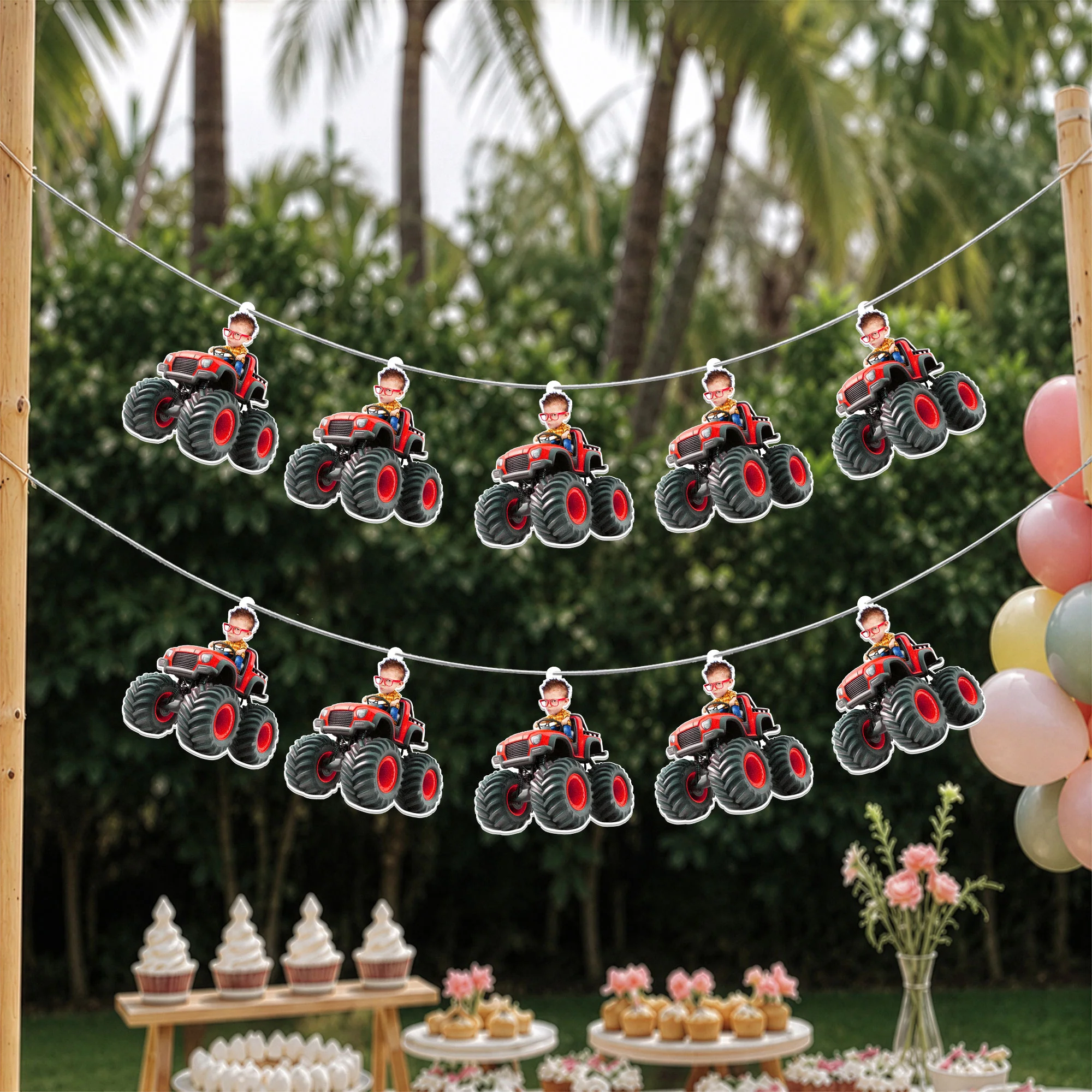 Custom Face Kid Riding Monster Truck Car - Personalized Garland Banner - Image 6