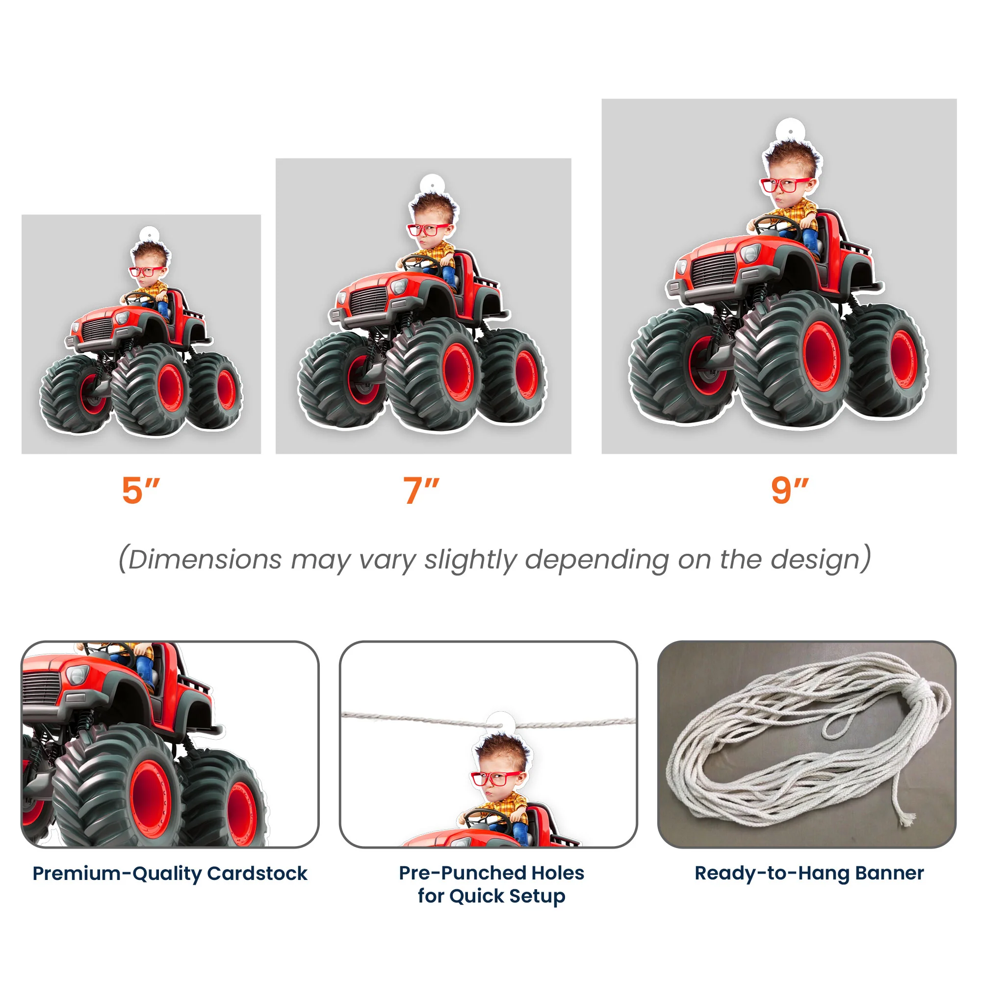 Custom Face Kid Riding Monster Truck Car - Personalized Garland Banner - Image 7