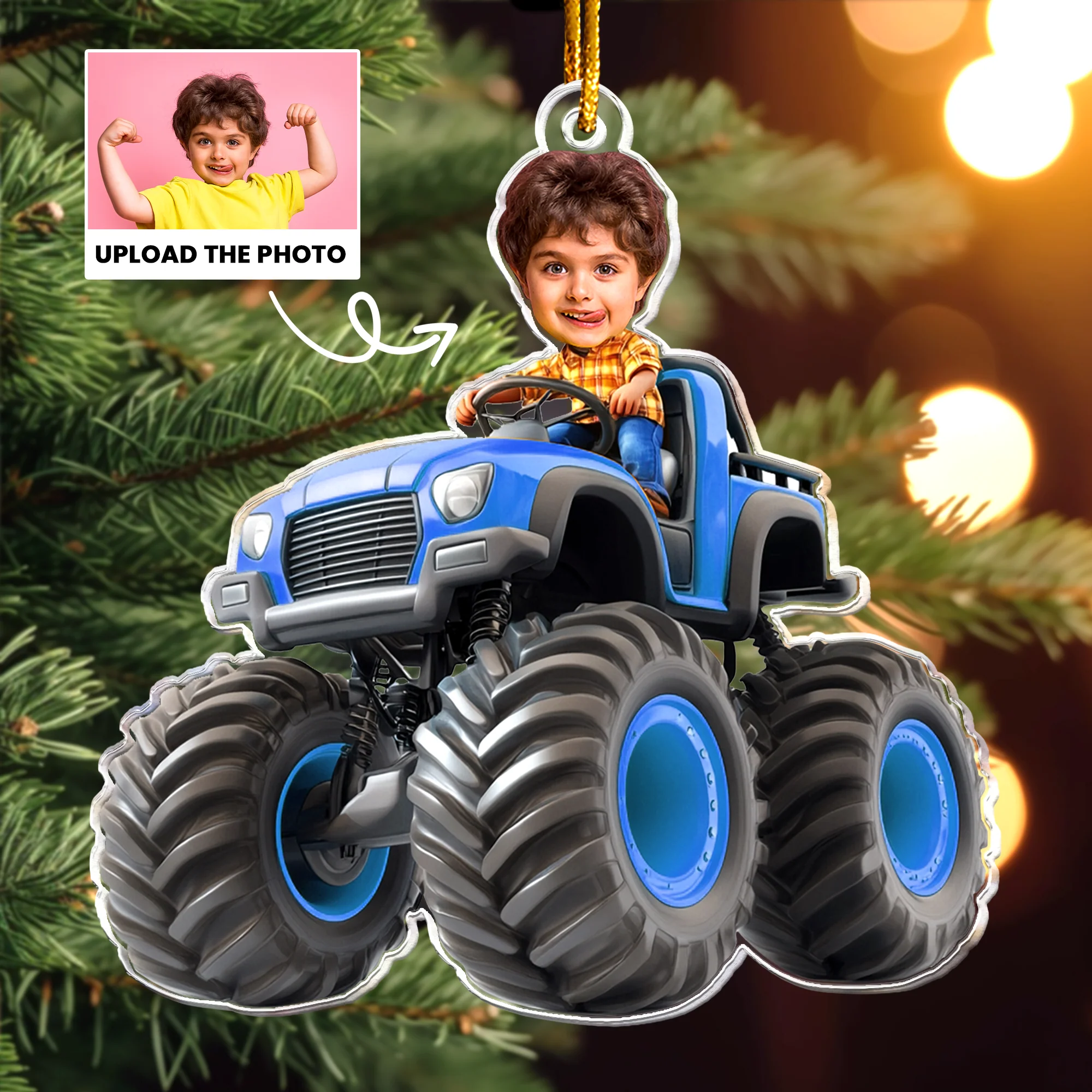 Custom Face Kid Riding Monster Truck - Gifts For Toddler, Kids - Personalized Acrylic Photo Ornament - Image 6
