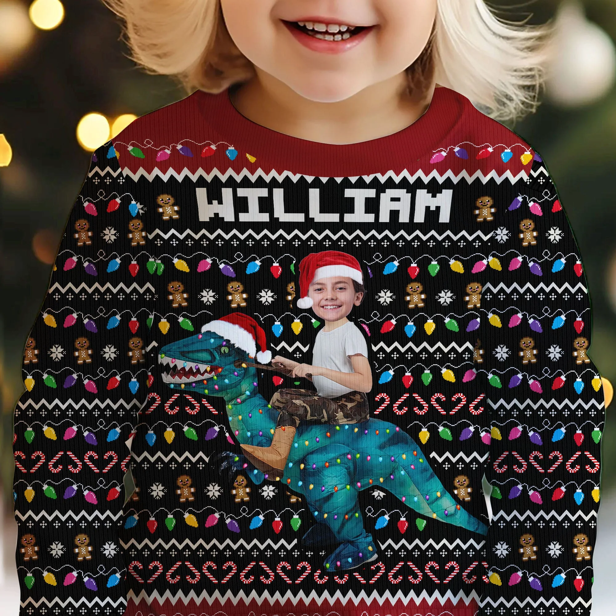 Custom Face Photo Dinosaur, Flamingo - Personalized Photo Kid's Ugly Sweater - Image 2