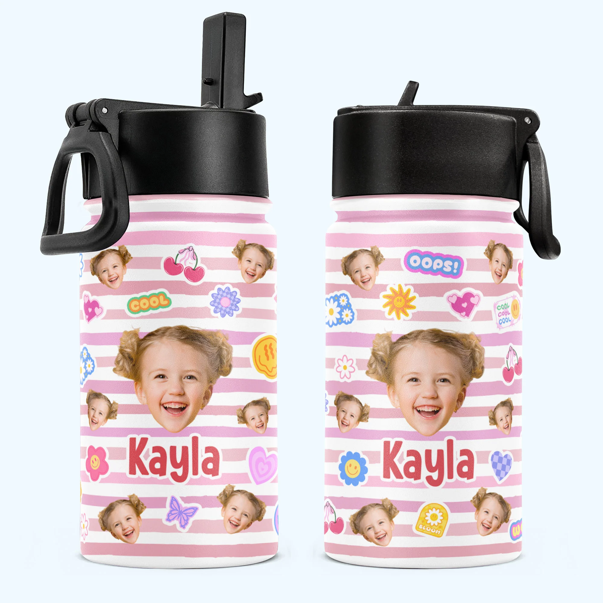 Custom Face With Adorable Pattern - Personalized Photo Kids Water Bottle With Straw Lid - Image 2