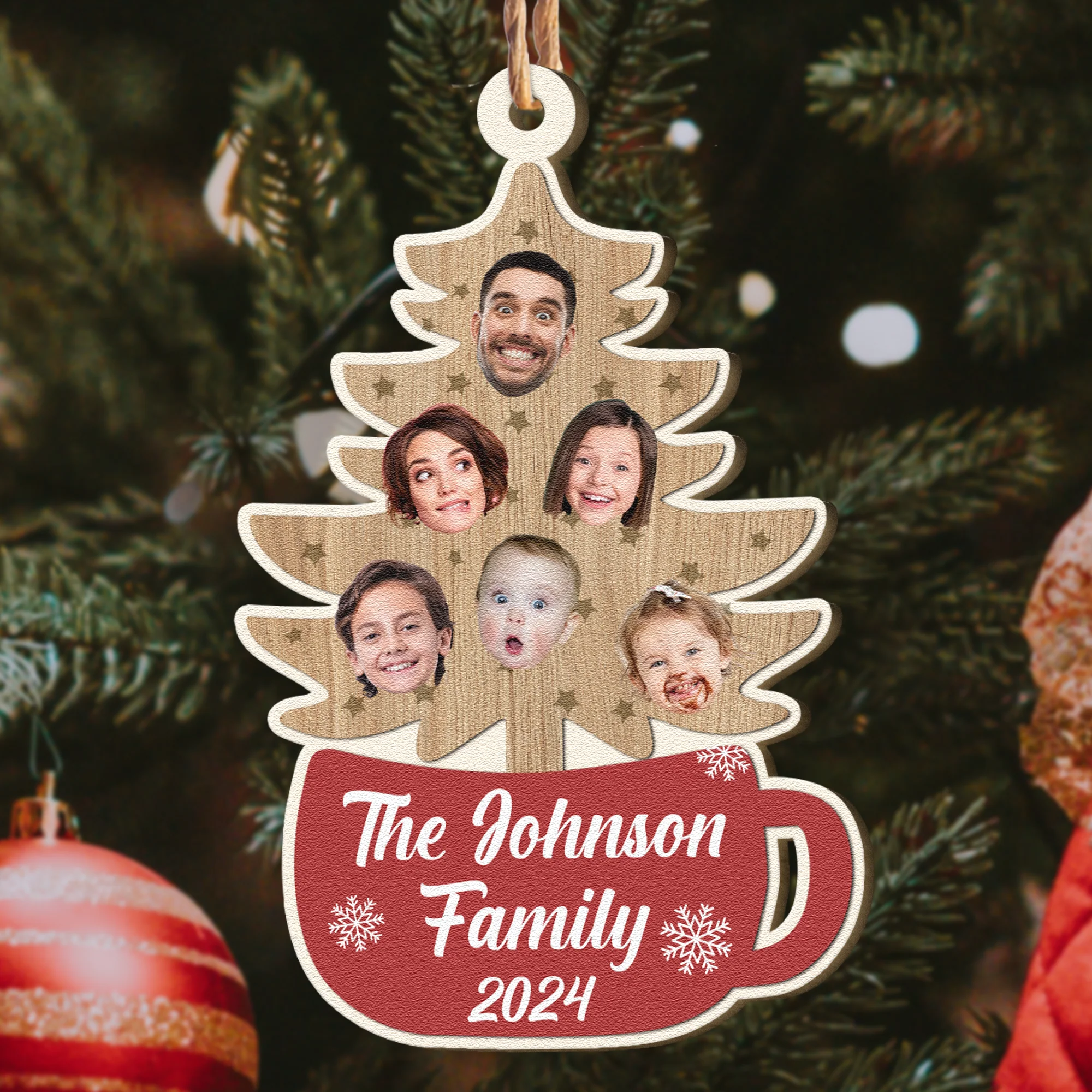 Custom Family Photo With Christmas Tree - Personalized Wooden Photo Ornament - Image 2