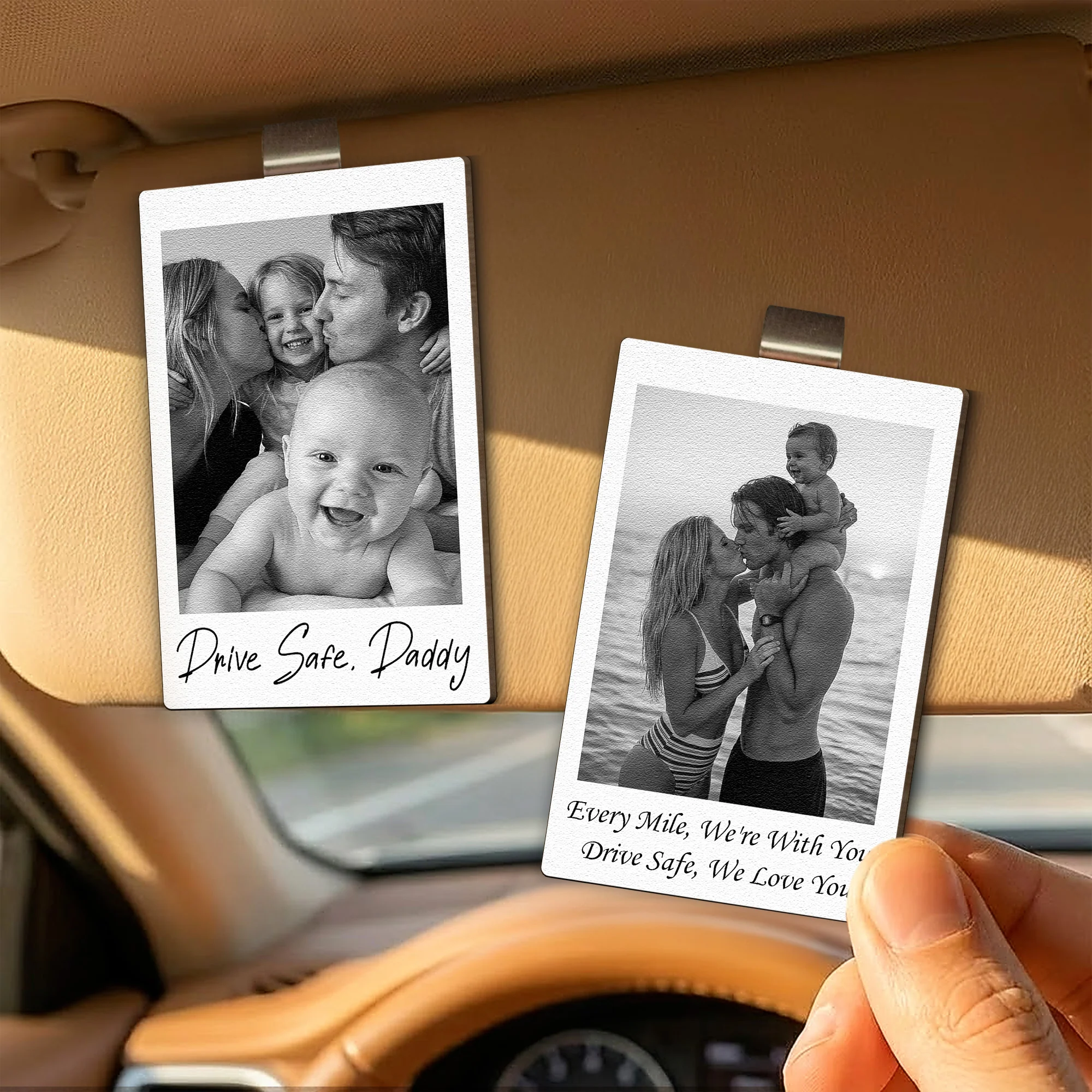Custom Family Polaroid Photo & Message For Him, Daddy, Papa - Personalized Wooden Photo Car Visor Clip - Image 2