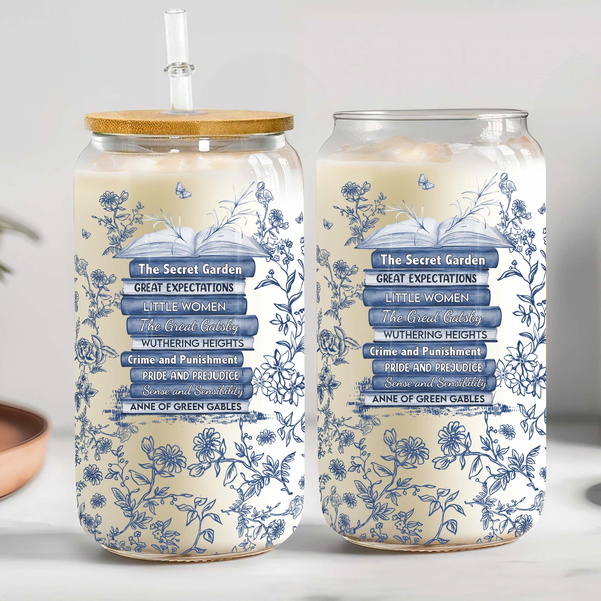 Custom Favorite Books Toile De Jouy - Personalized Clear Glass Cup - Image 2