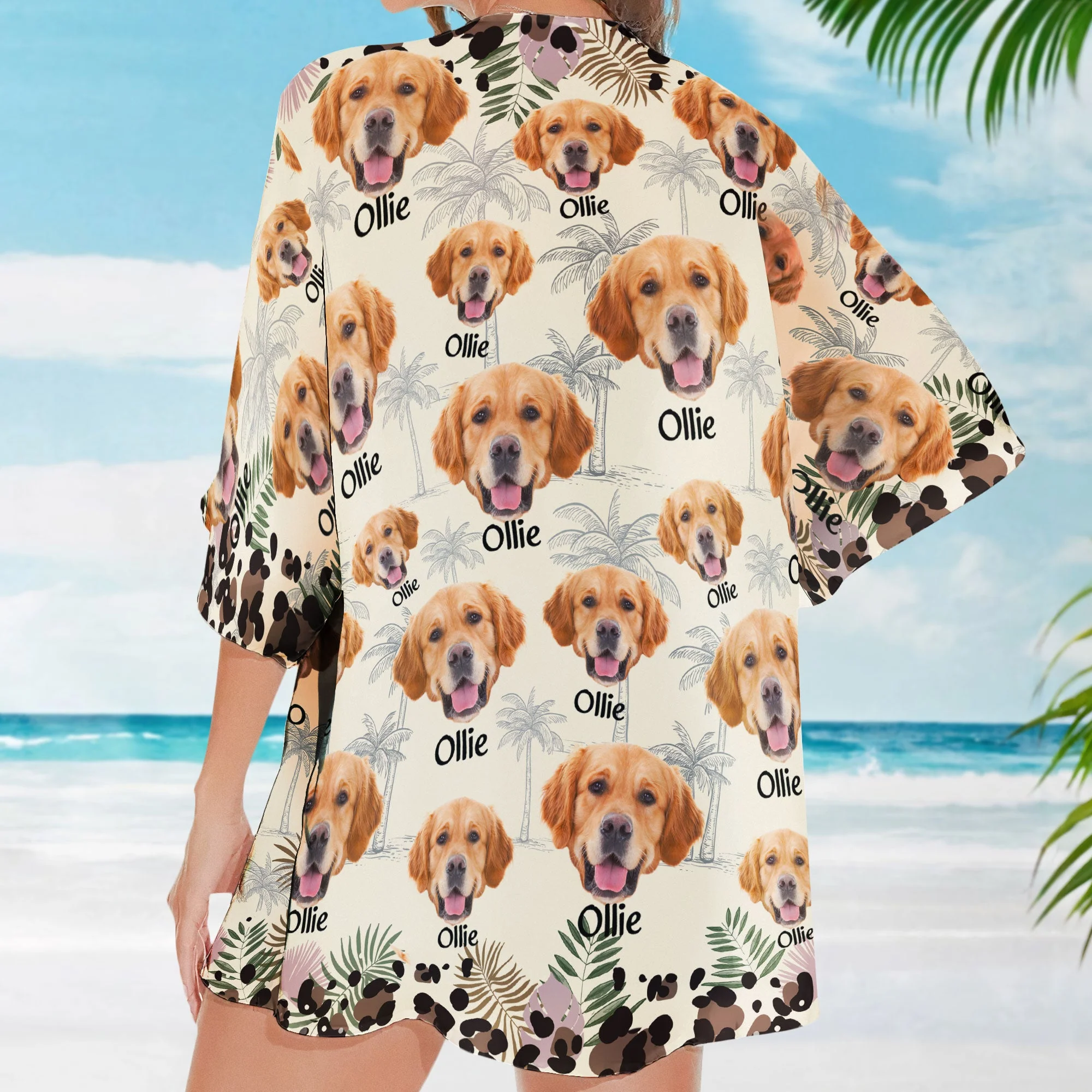 Custom Funny Dog Face With Leopard Pattern - Personalized Photo Kimono Cover Up - Image 2