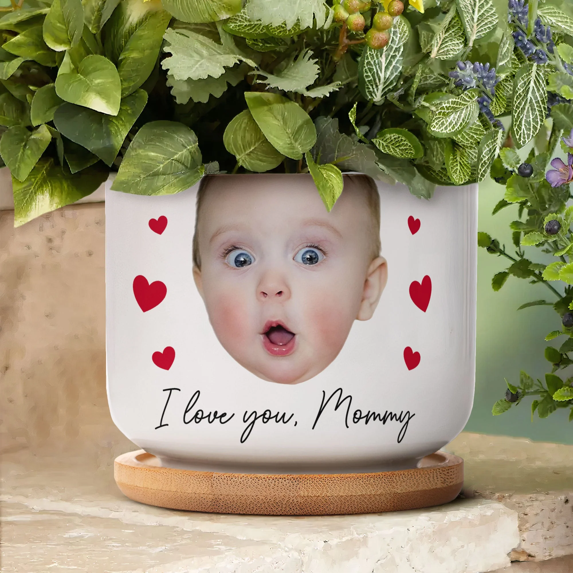 Custom Funny Face Gift For Family Mom Grandma - Personalized Photo Ceramic Plant Pot With Tray - Image 5