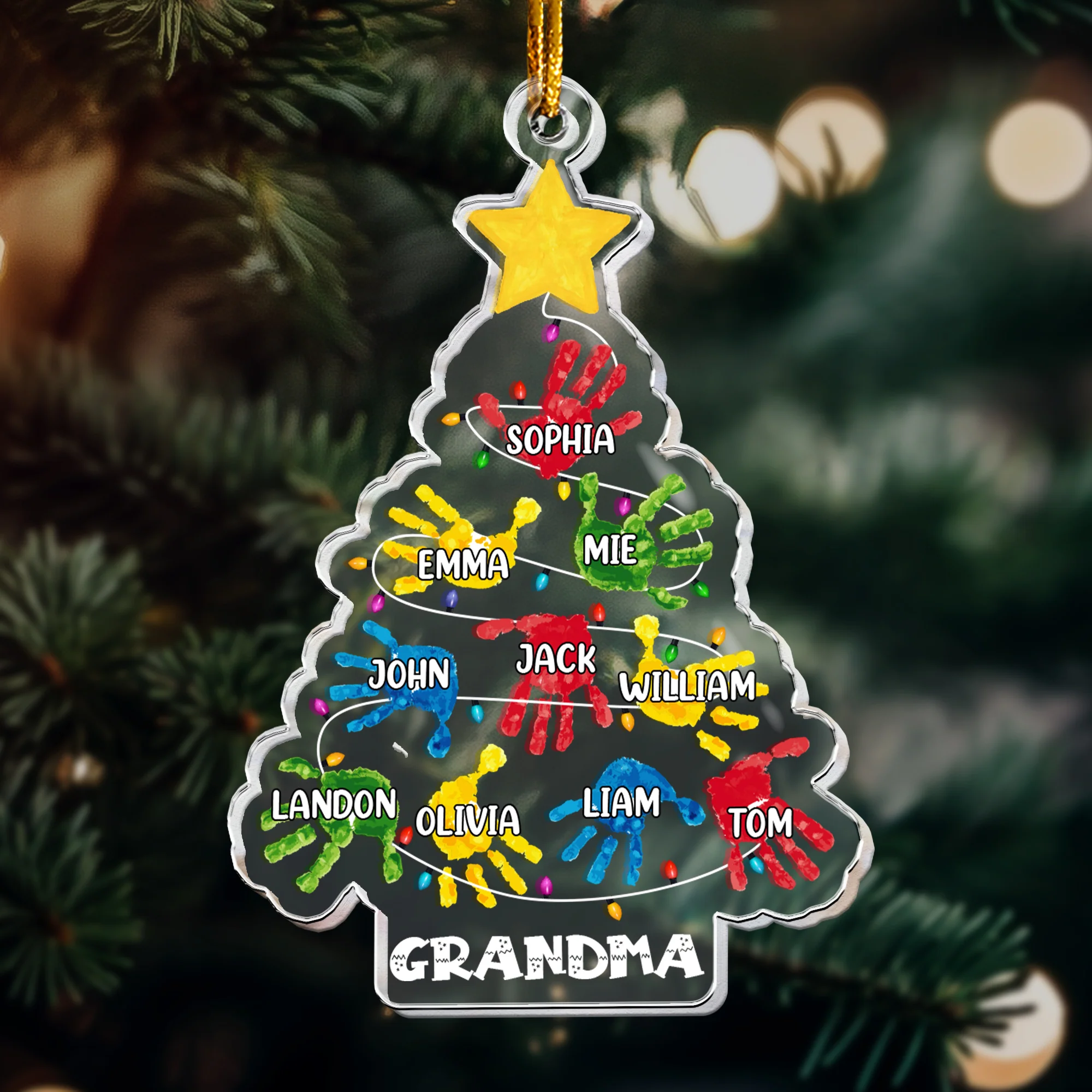 Custom Grandchildren Names Handprint Christmas Tree - Personalized Acrylic Ornament - Image 2