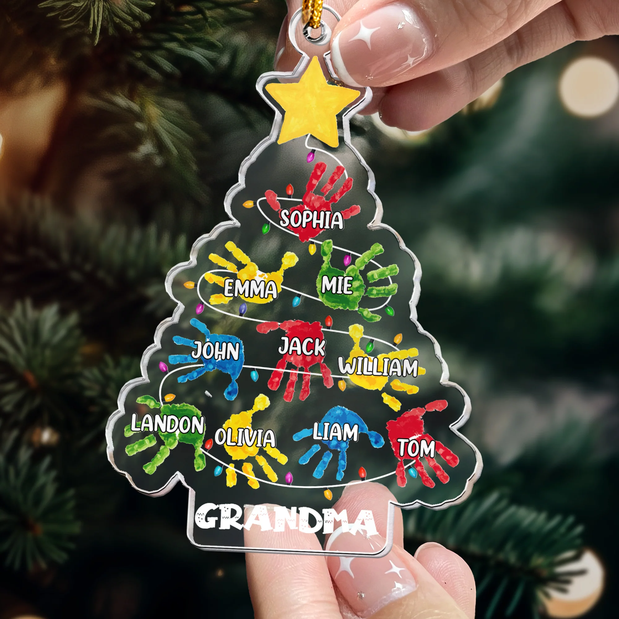 Custom Grandchildren Names Handprint Christmas Tree - Personalized Acrylic Ornament - Image 3