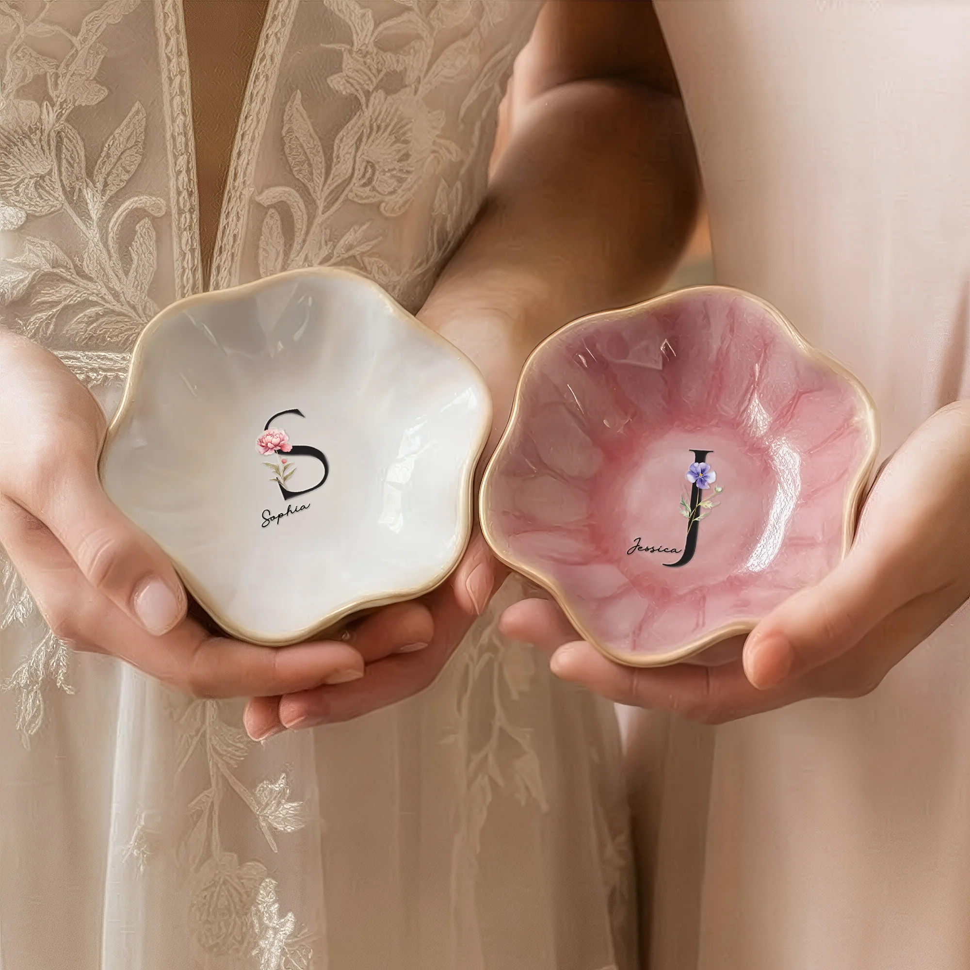 Custom Initial Name & Birth Flowers For Her, Wife, Friends, Sisters, Mom, Daughters - Personalized Jewelry Dish - Image 4