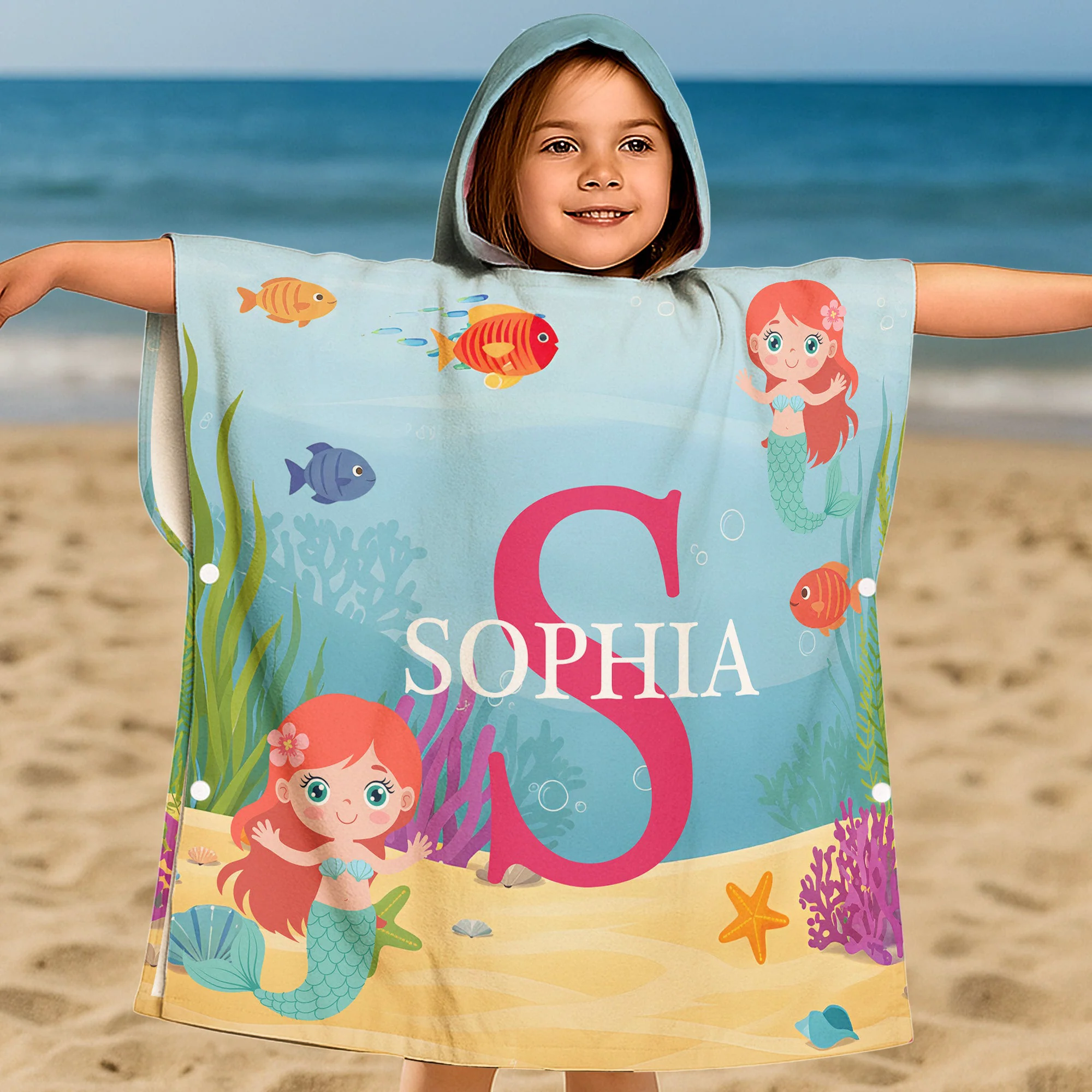 Custom Initial Name Sea Animals - Personalized Kids Hooded Towel - Image 2