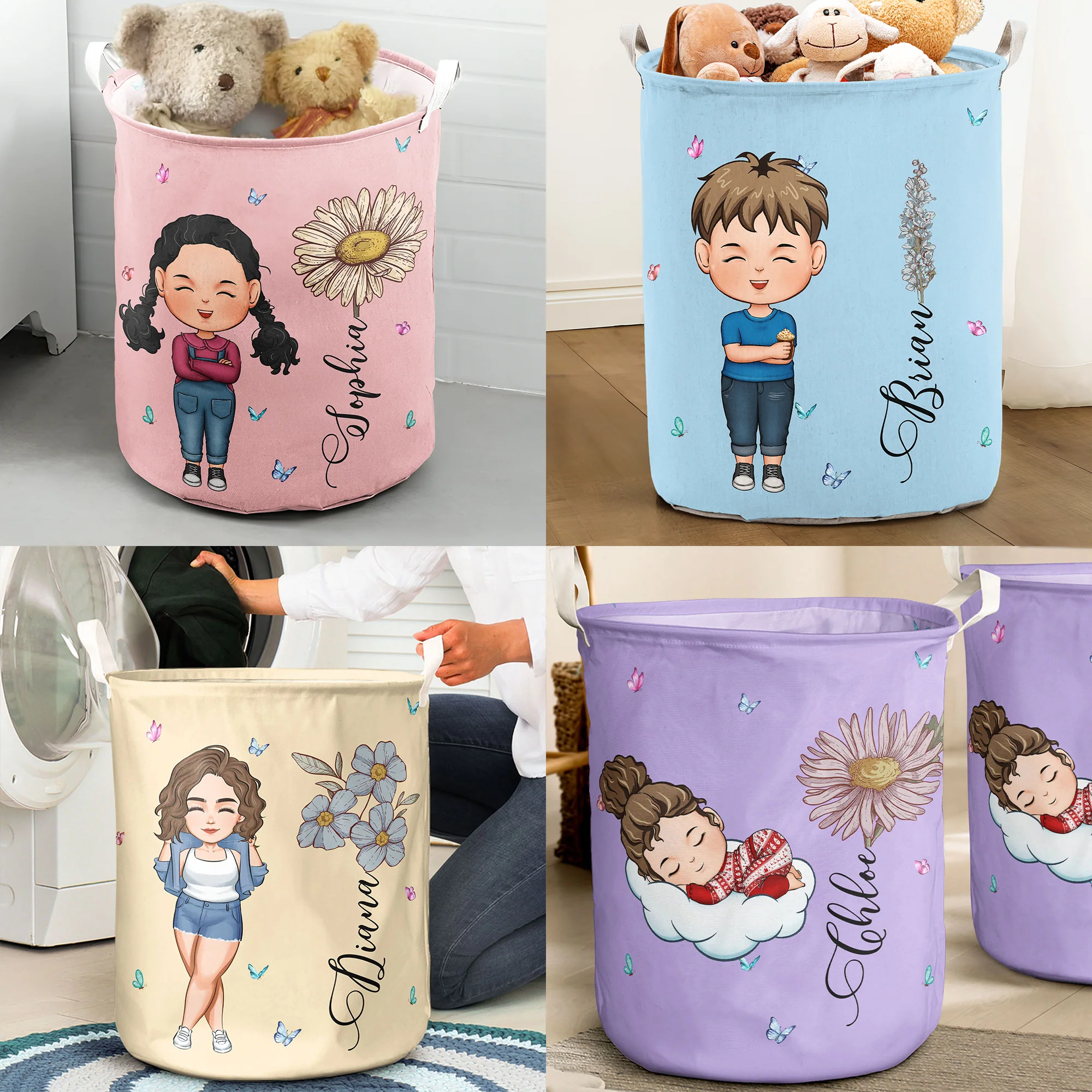 Custom Kid Birth Flowers - Personalized Laundry Storage Basket - Image 2