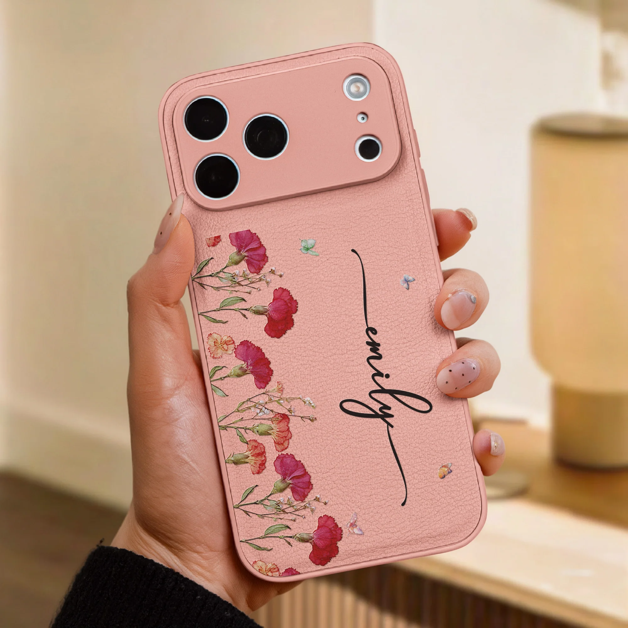 Custom Name Birth Flower For Her - Personalized Leather Phone Case - Image 2