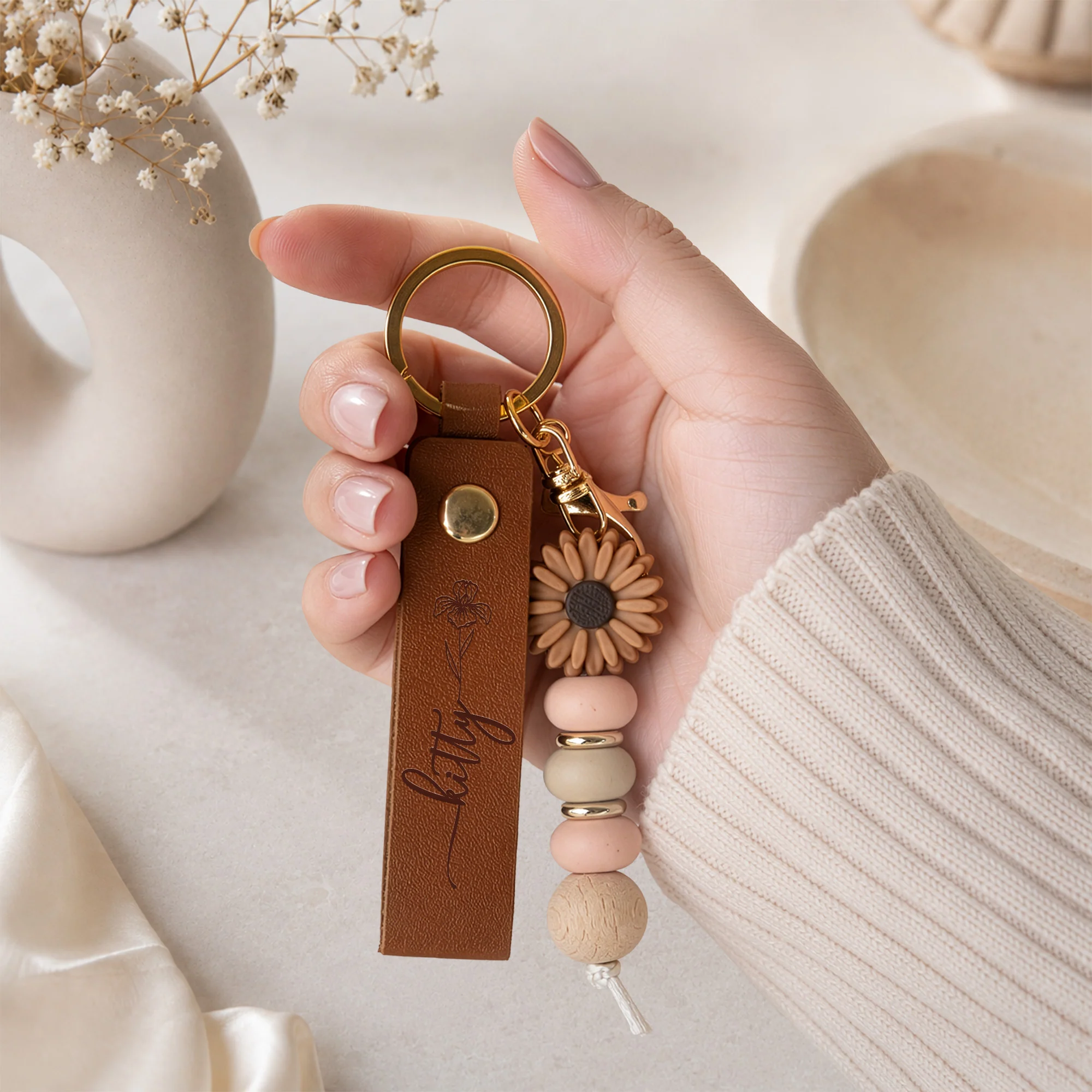 Custom Name & Birth Flower For Her, Sisters, Friends, Teacher, Coworkers - Personalized Beaded Keychain - Image 3