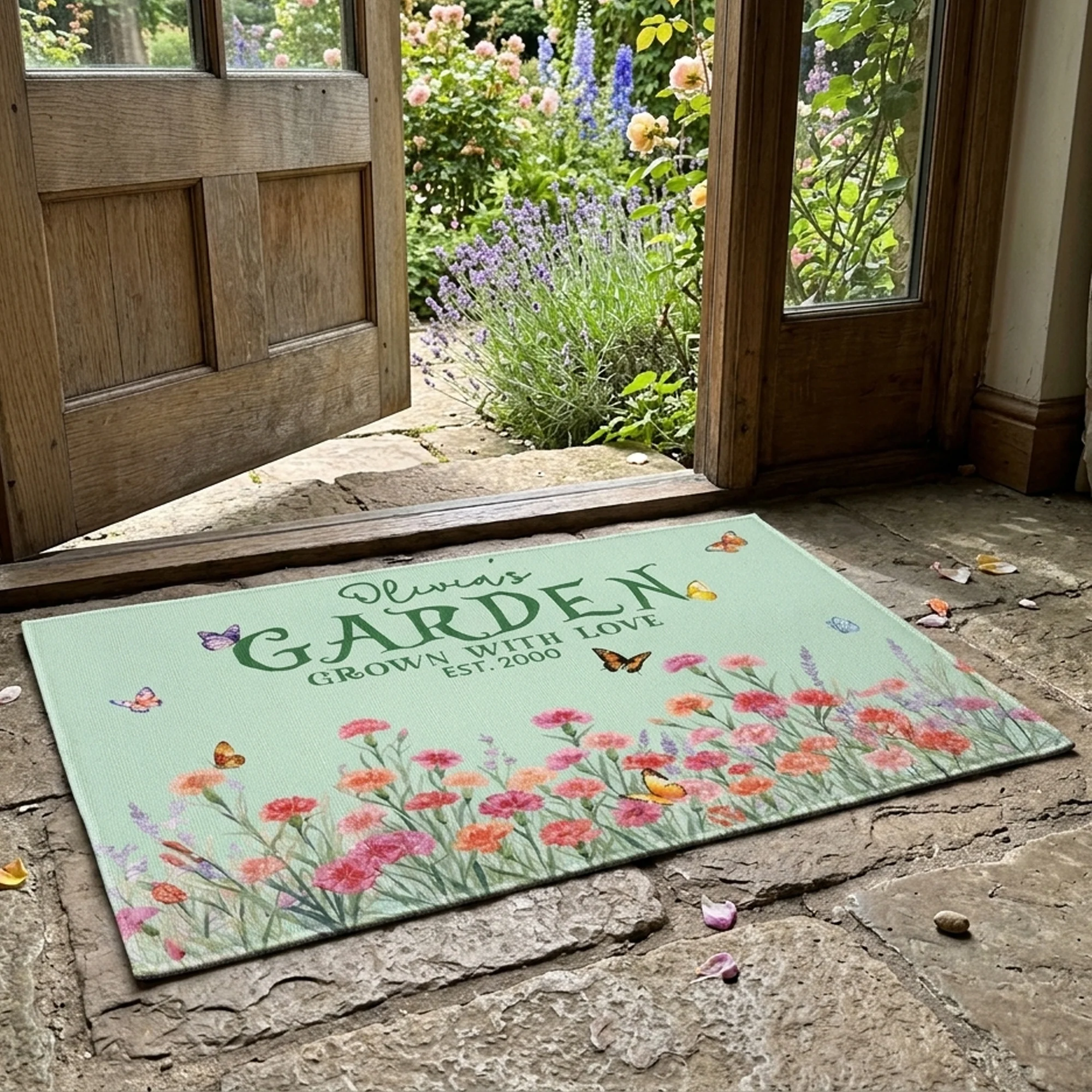 Custom Name & Birth Flower Garden Welcome Mat For Her, Mom, Grandma - Personalized Doormat - Image 2