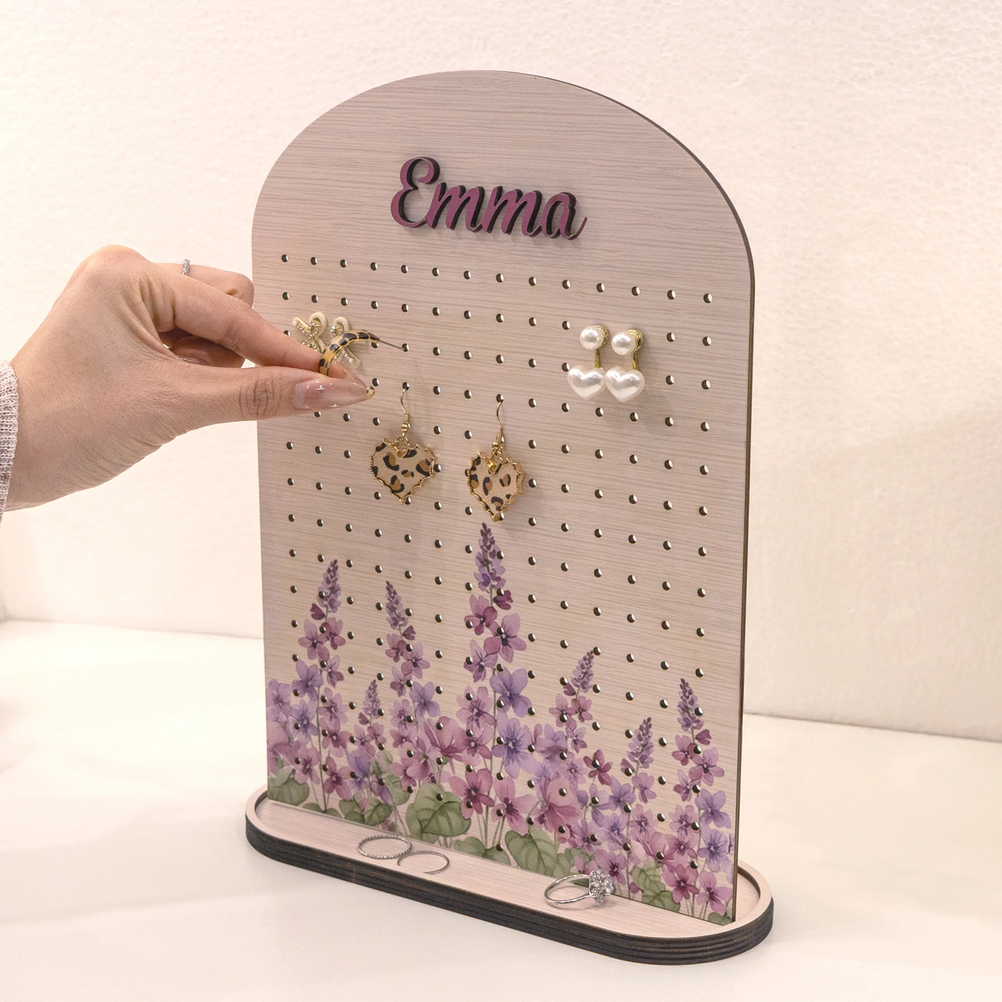 Custom Name & Birth Flower Gift For Her - Personalized Wooden Jewelry Stand - Image 4
