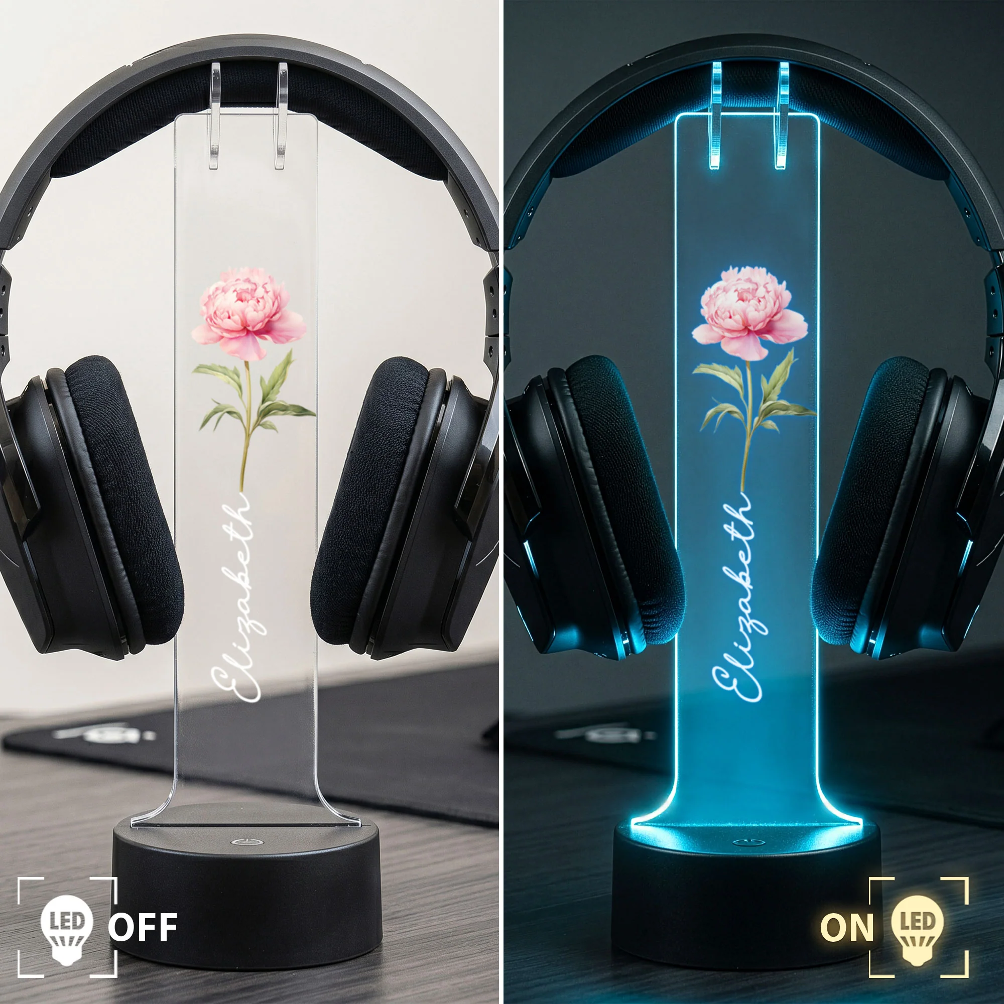Custom Name & Birth Flower Gift For Her Version 2 - Personalized Headphone Stand - Image 3