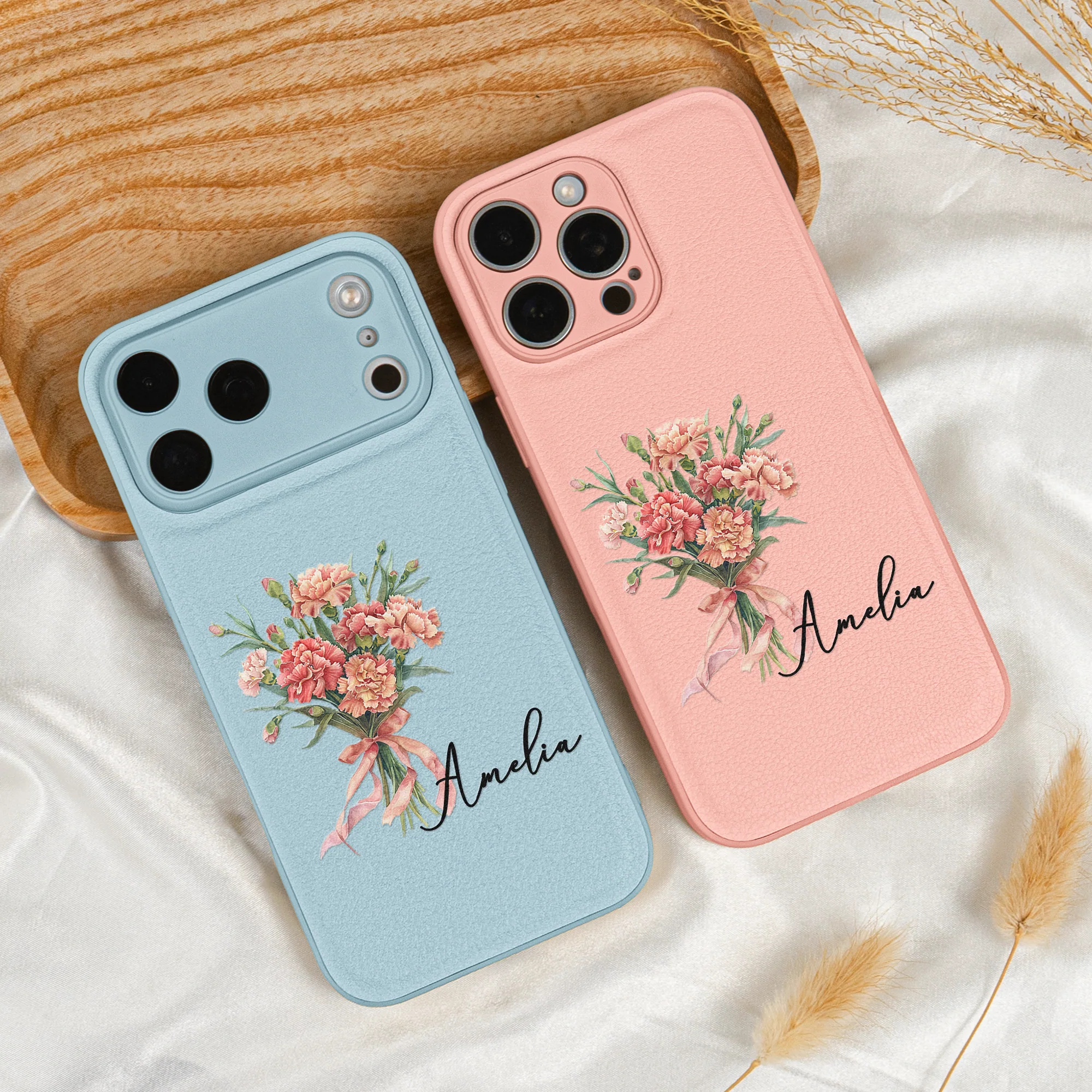 Custom Name & Birth Flower Gifts For Her, Sisters, Daughter, Friends - Personalized Leather Phone Case - Image 2