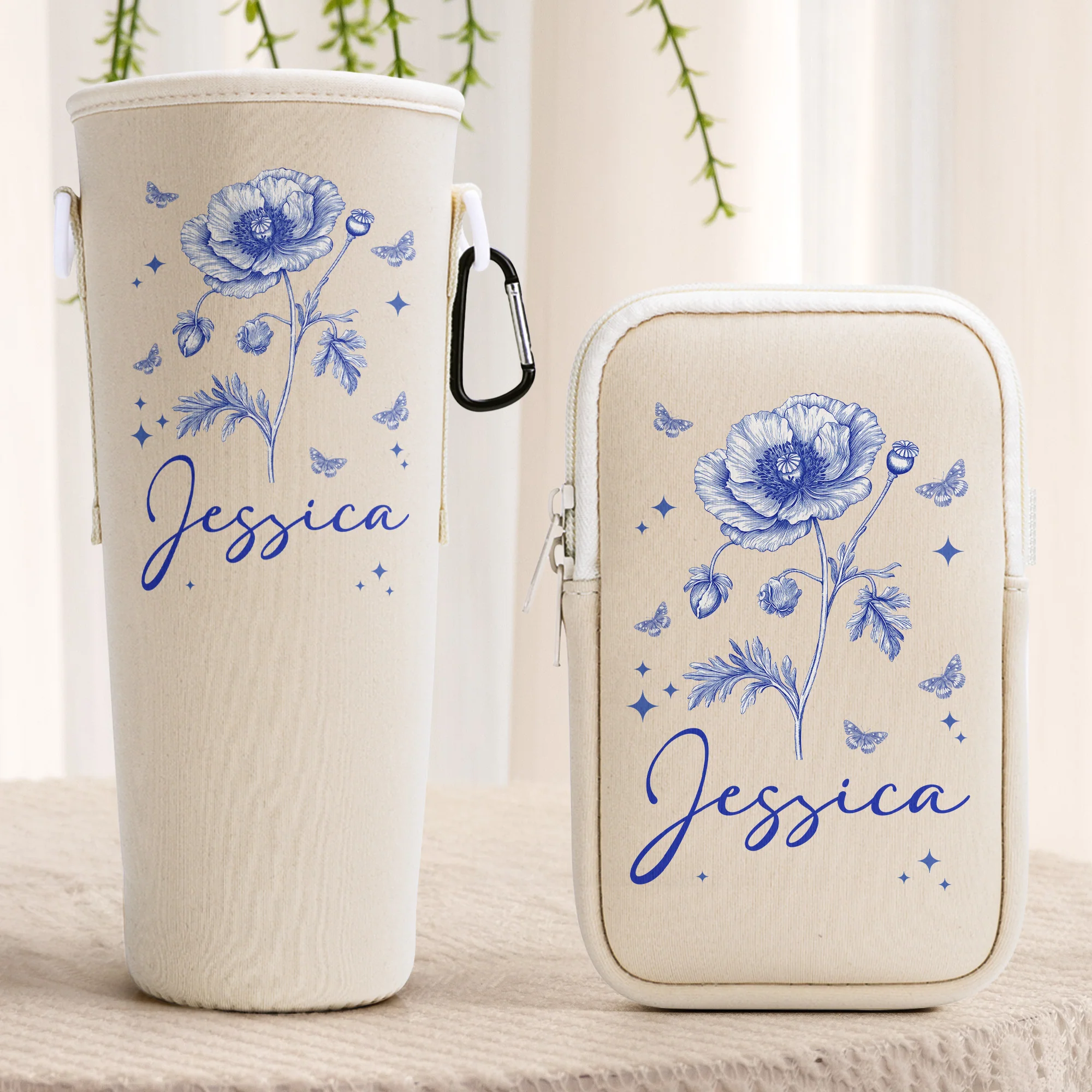 Custom Name & Birth Flower Toile De Jouy - Personalized Water Bottle Carrier Bag With Phone Pocket - Image 2