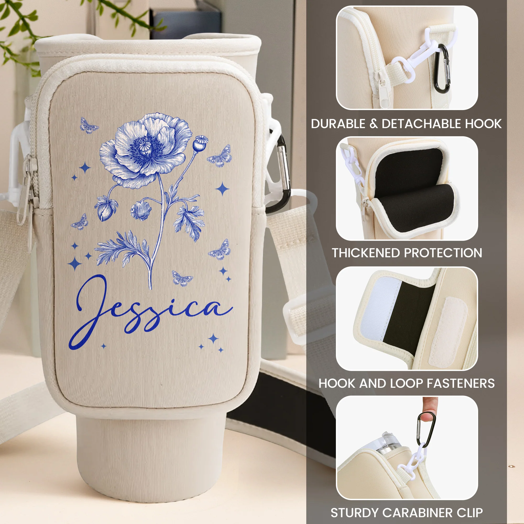 Custom Name & Birth Flower Toile De Jouy - Personalized Water Bottle Carrier Bag With Phone Pocket - Image 7