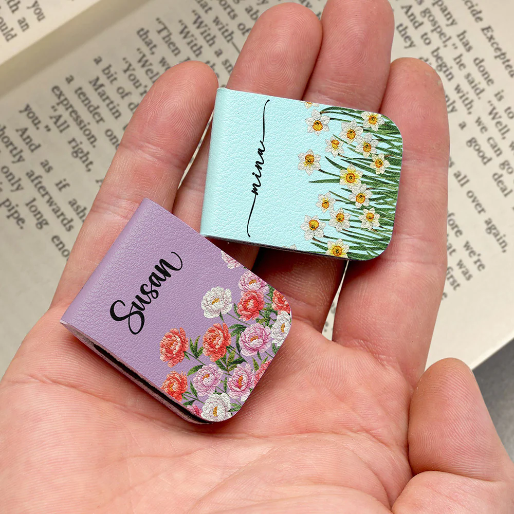 Custom Name & Birth Month Flower For Book Lovers, Book Clubs - Personalized Leather Magnetic Bookmark - Image 4