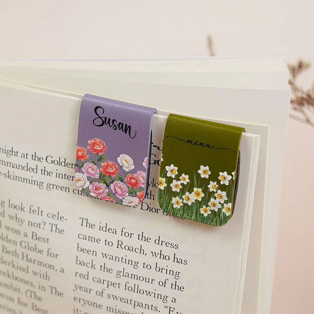 Custom Name & Birth Month Flower For Book Lovers, Book Clubs - Personalized Leather Magnetic Bookmark - Image 5