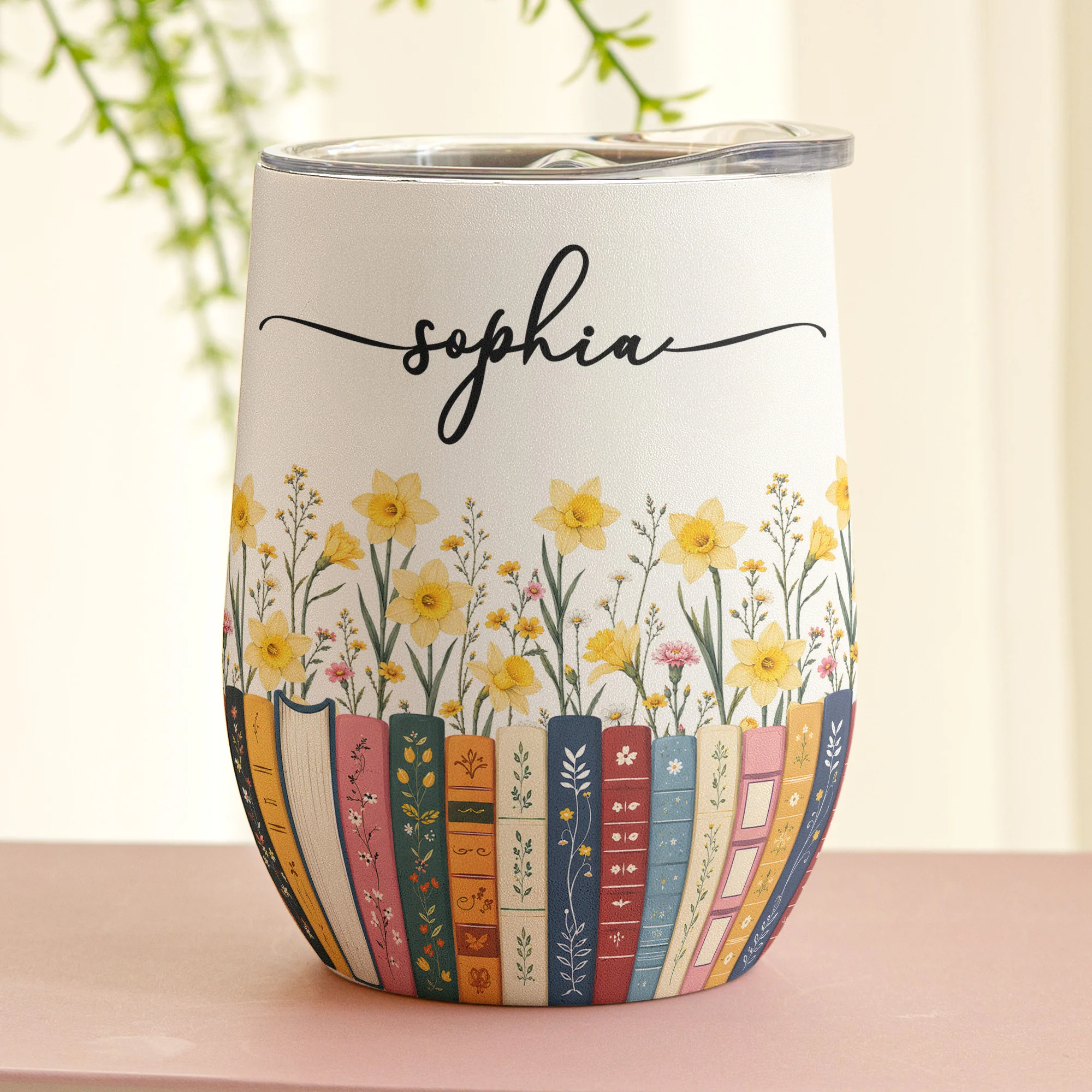 Custom Name & Birthflower For Book Lovers, Book Clubs - Personalized Wine Tumbler - Image 2