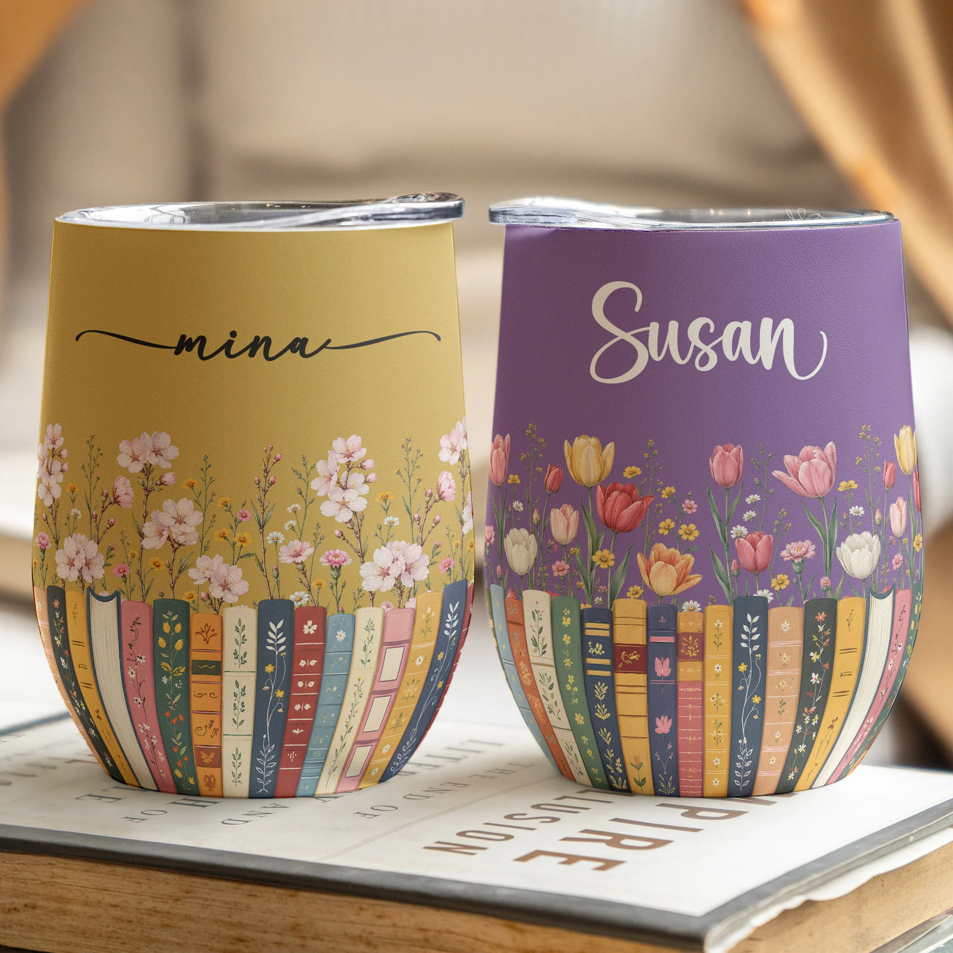 Custom Name & Birthflower For Book Lovers, Book Clubs - Personalized Wine Tumbler - Image 3
