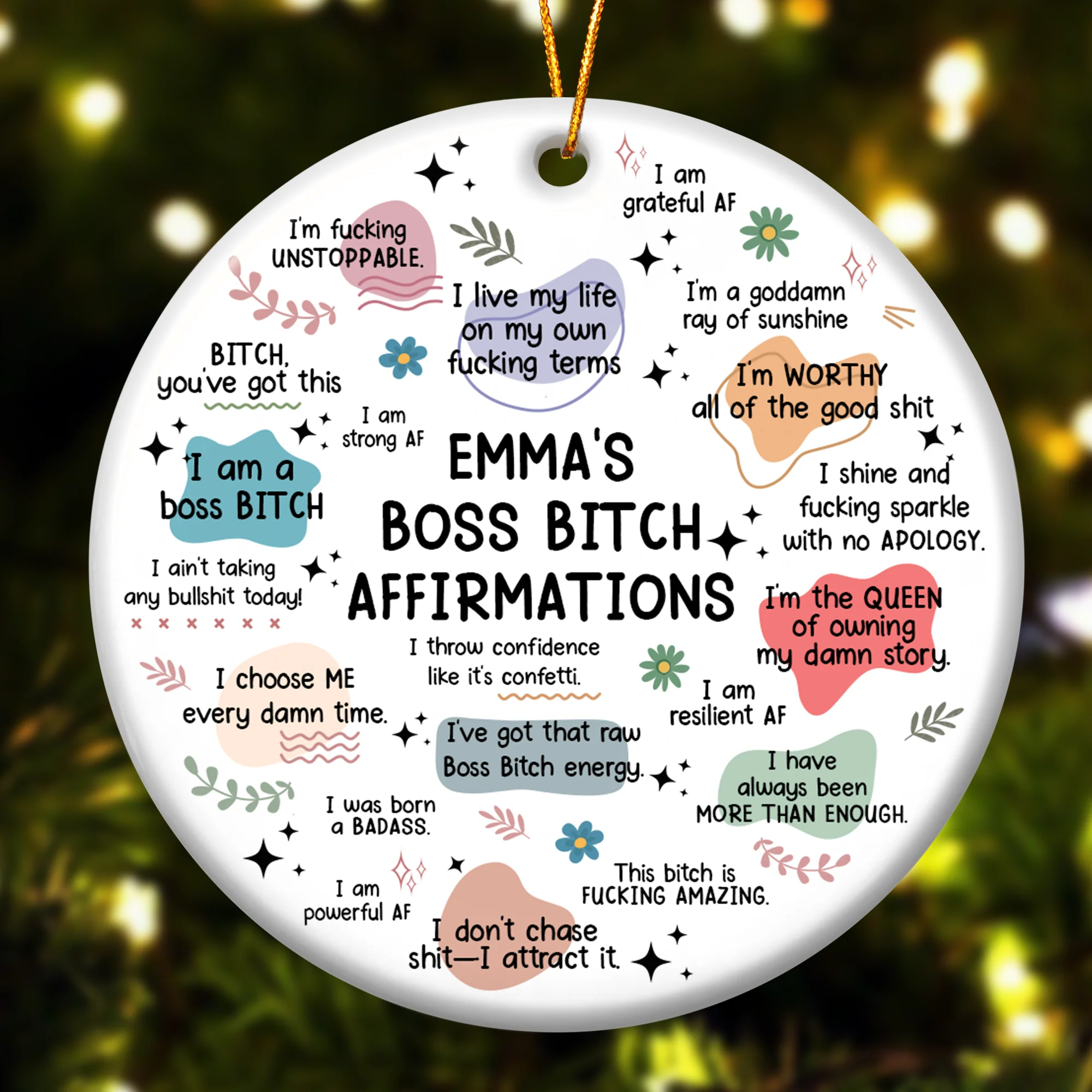 Custom Name Boss B*tch Affirmations - Personalized Ceramic Ornament - Image 3