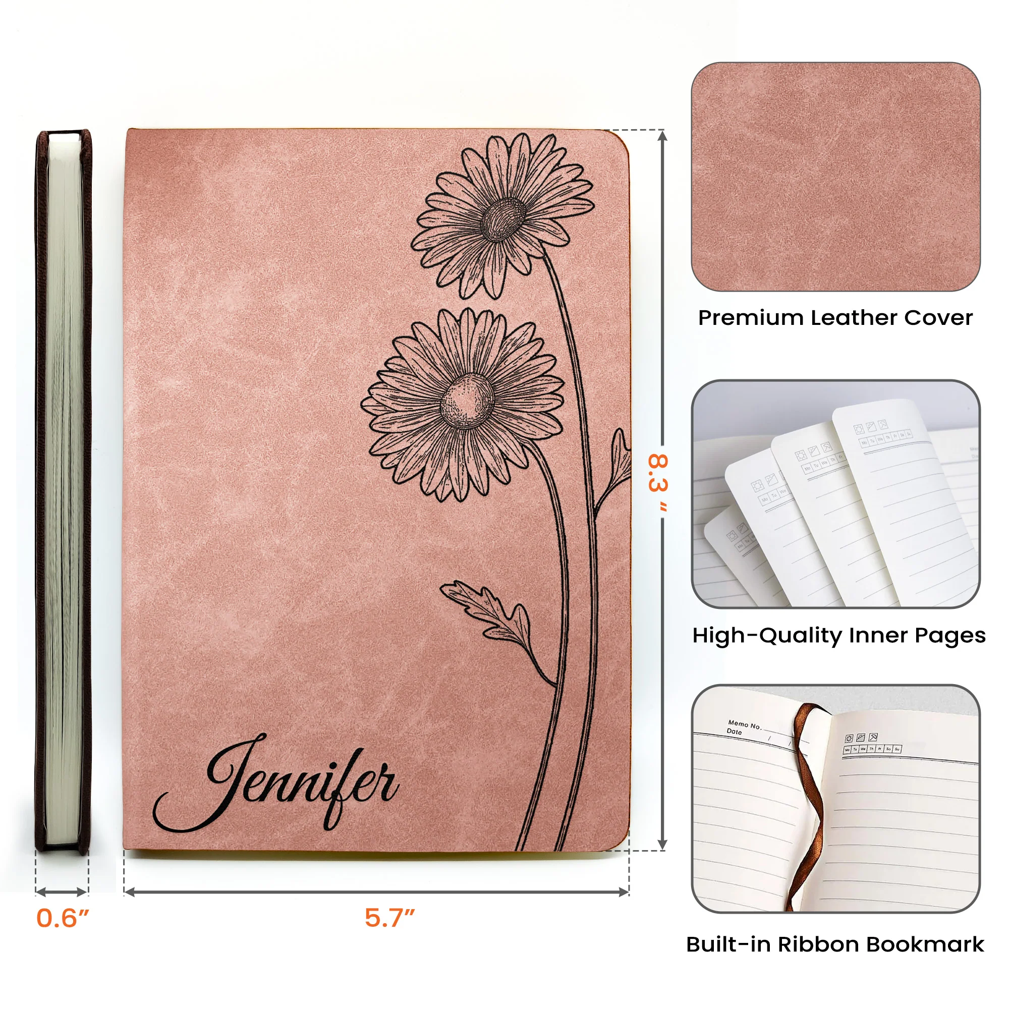 Custom Name Journal Birth Month Flower Gift - Personalized Leather Journal - Image 6