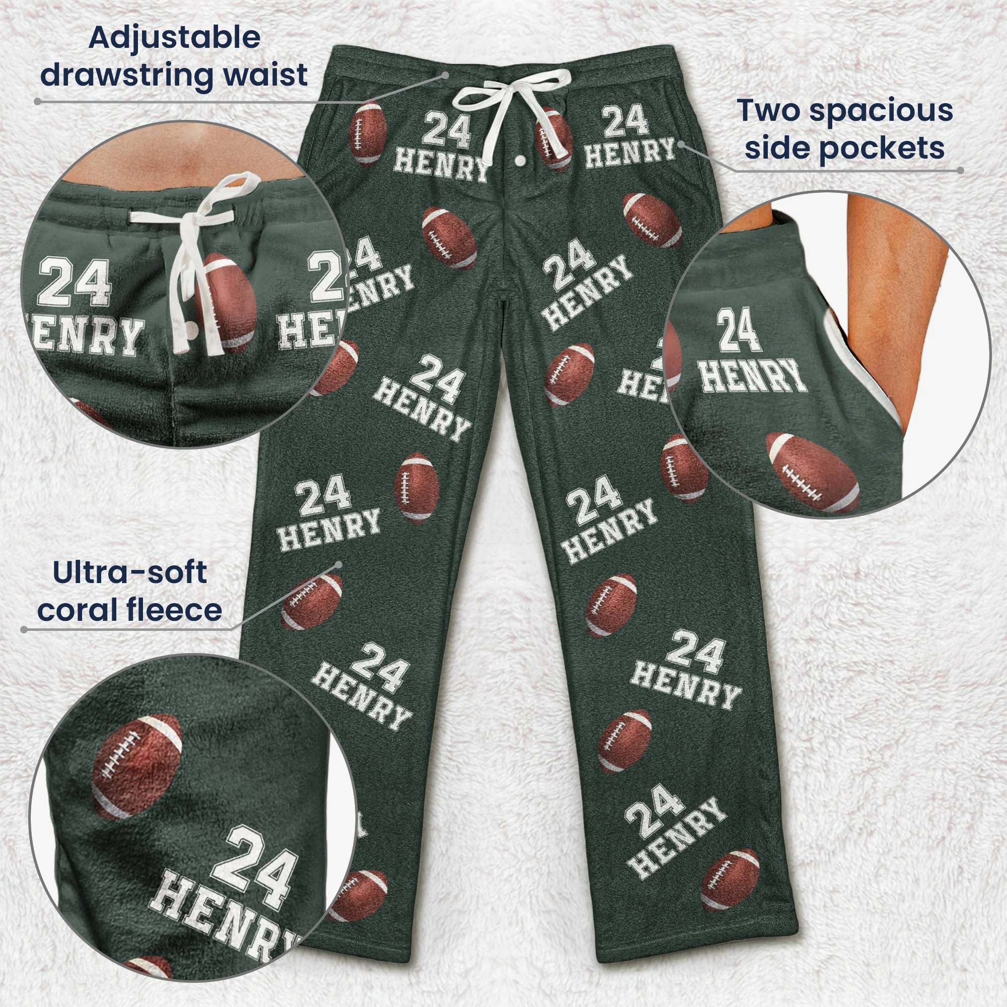 Custom Name, Number Baseball, Basketball, Football, Hockey - Personalized Fleece Pajama Pants - Image 5
