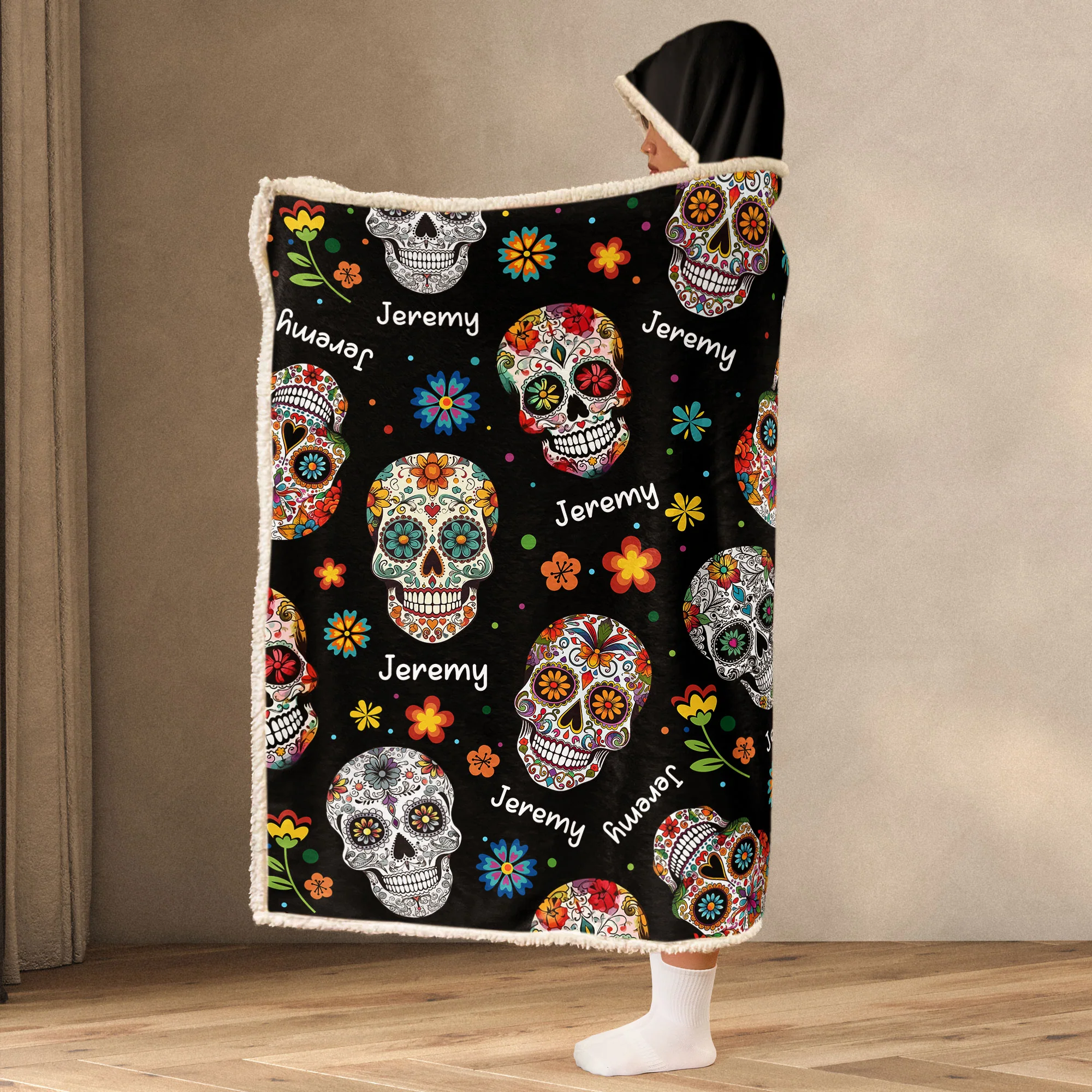 Custom Name Sugar Skulls Vintage Style - Personalized Wearable Blanket Hoodie - Image 3