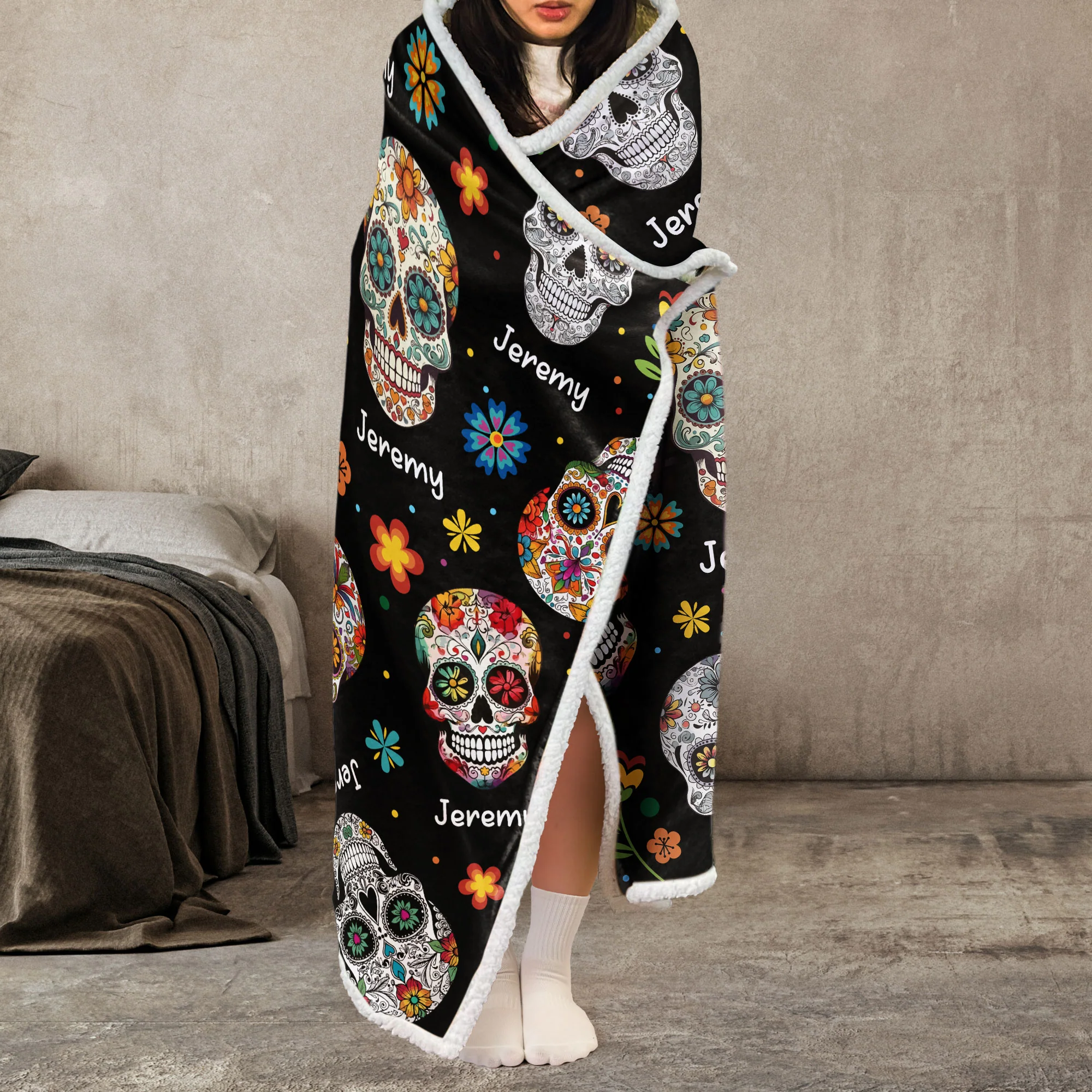 Custom Name Sugar Skulls Vintage Style - Personalized Wearable Blanket Hoodie - Image 4