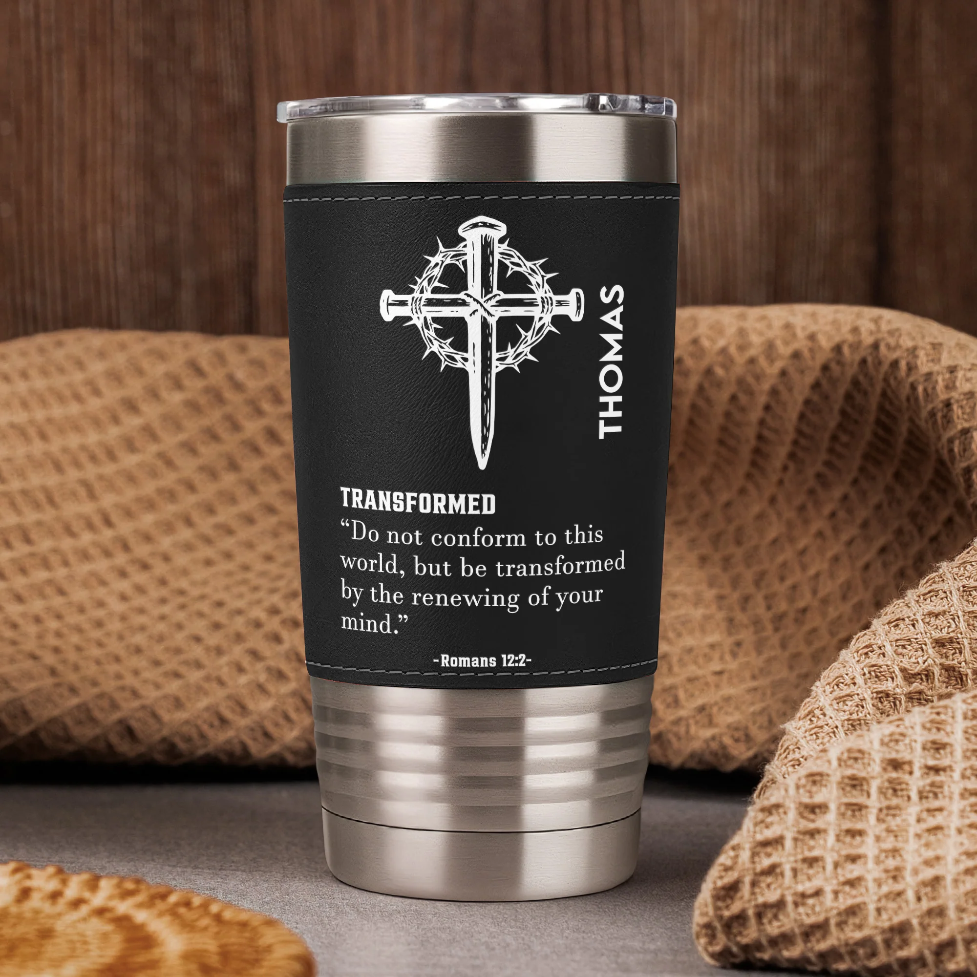Custom Name With Matching Bible Verse Gift For Him - Personalized 20oz Leather Wrapped Tumbler - Image 3