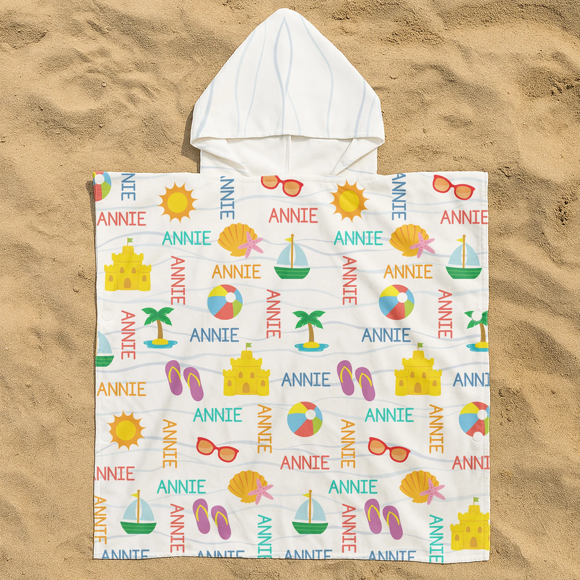 Custom Name With Summer And Beach Pattern - Personalized Kids Hooded Towel - Image 2