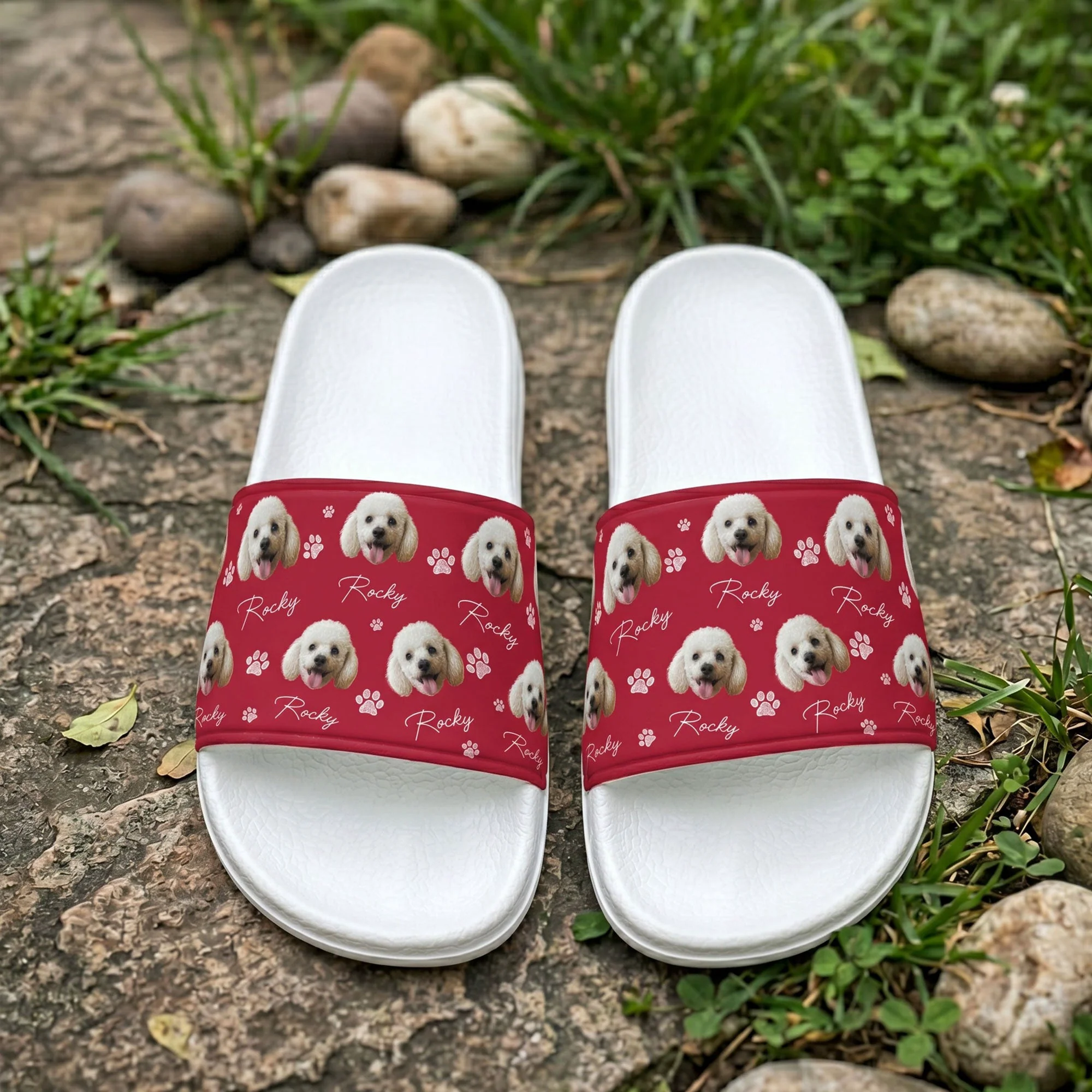 Custom Pet Photo With Name & Paw Print - Personalized Slide Sandals - Image 5
