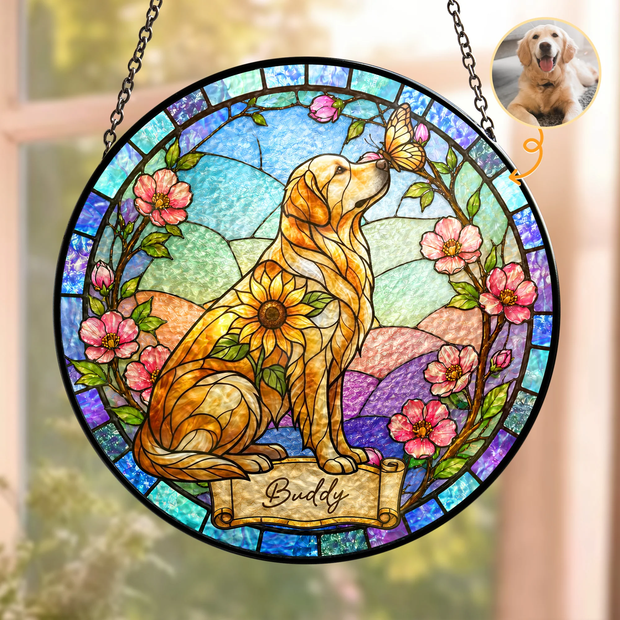 Custom Pet Portrait Memorial Sunflower - Personalized Window Hanging Suncatcher