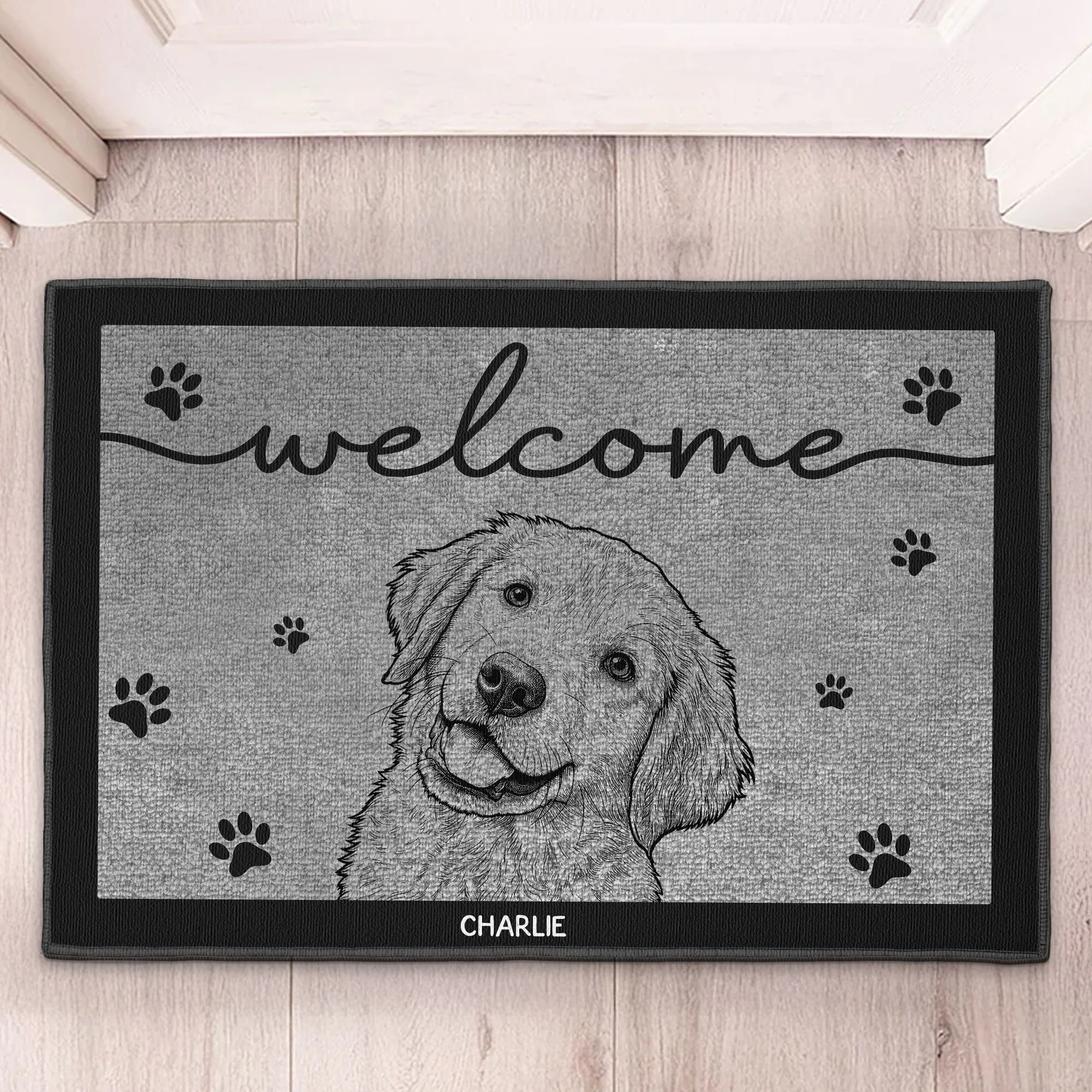 Custom Pet Portrait Sketch Line Art Welcome Home - Personalized Doormat - Image 2