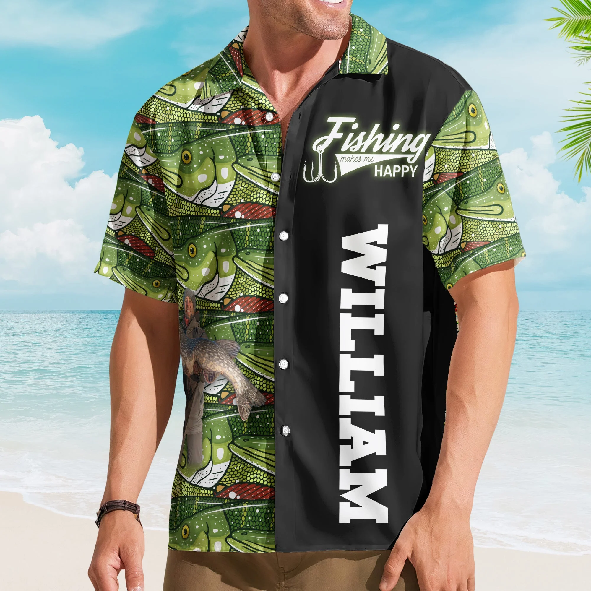 Custom Photo Bass Fish Fishing Makes Me Happy - Custom Photo Hawaiian Shirt - Image 2