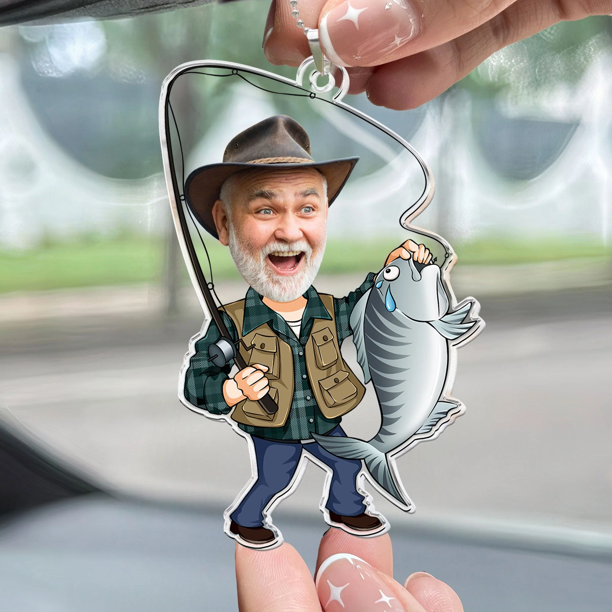 Custom Photo Fisherman Cartoon - Personalized Photo Rear View Mirror Accessory - Image 2