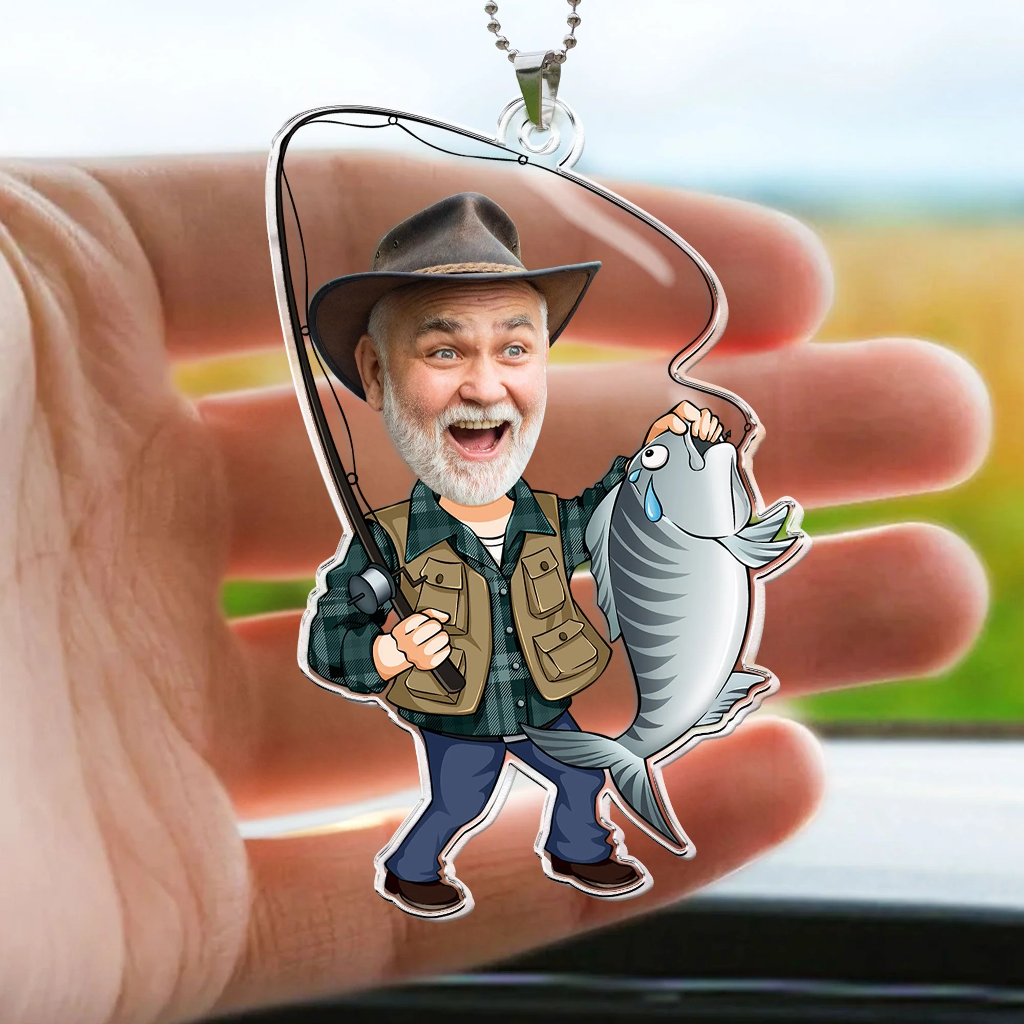 Custom Photo Fisherman Cartoon - Personalized Photo Rear View Mirror Accessory - Image 4
