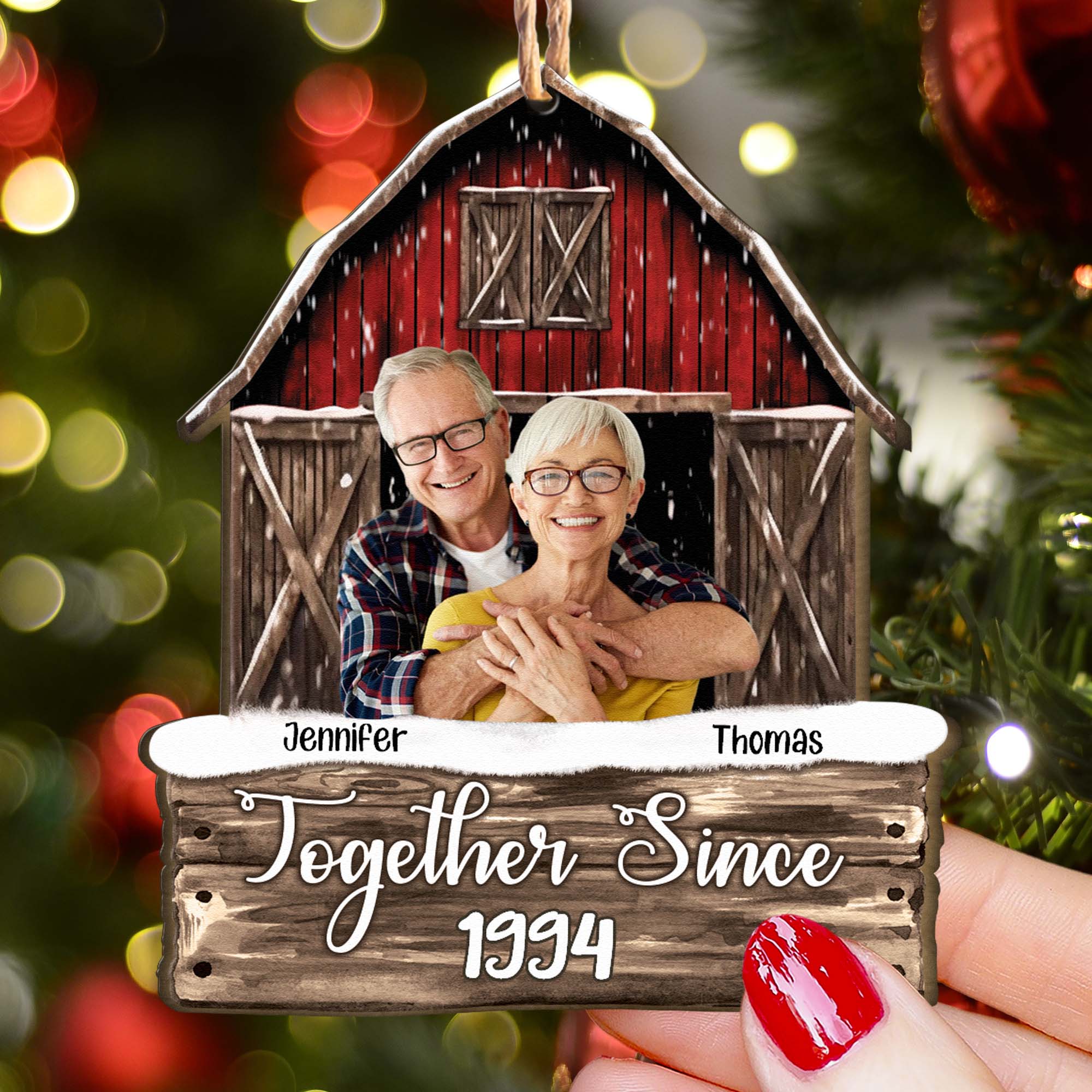 Custom Photo Together Since Couples Red Barn - Personalized Wooden Photo Ornament - Vintage Ornament - Image 4