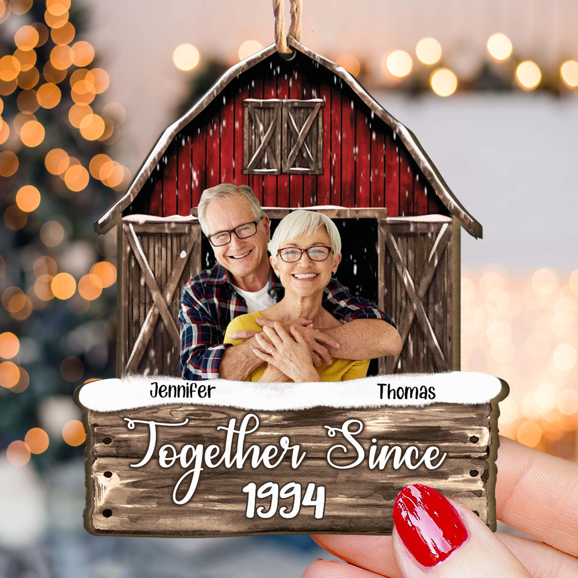 Custom Photo Together Since Couples Red Barn - Personalized Wooden Photo Ornament - Vintage Ornament - Image 5