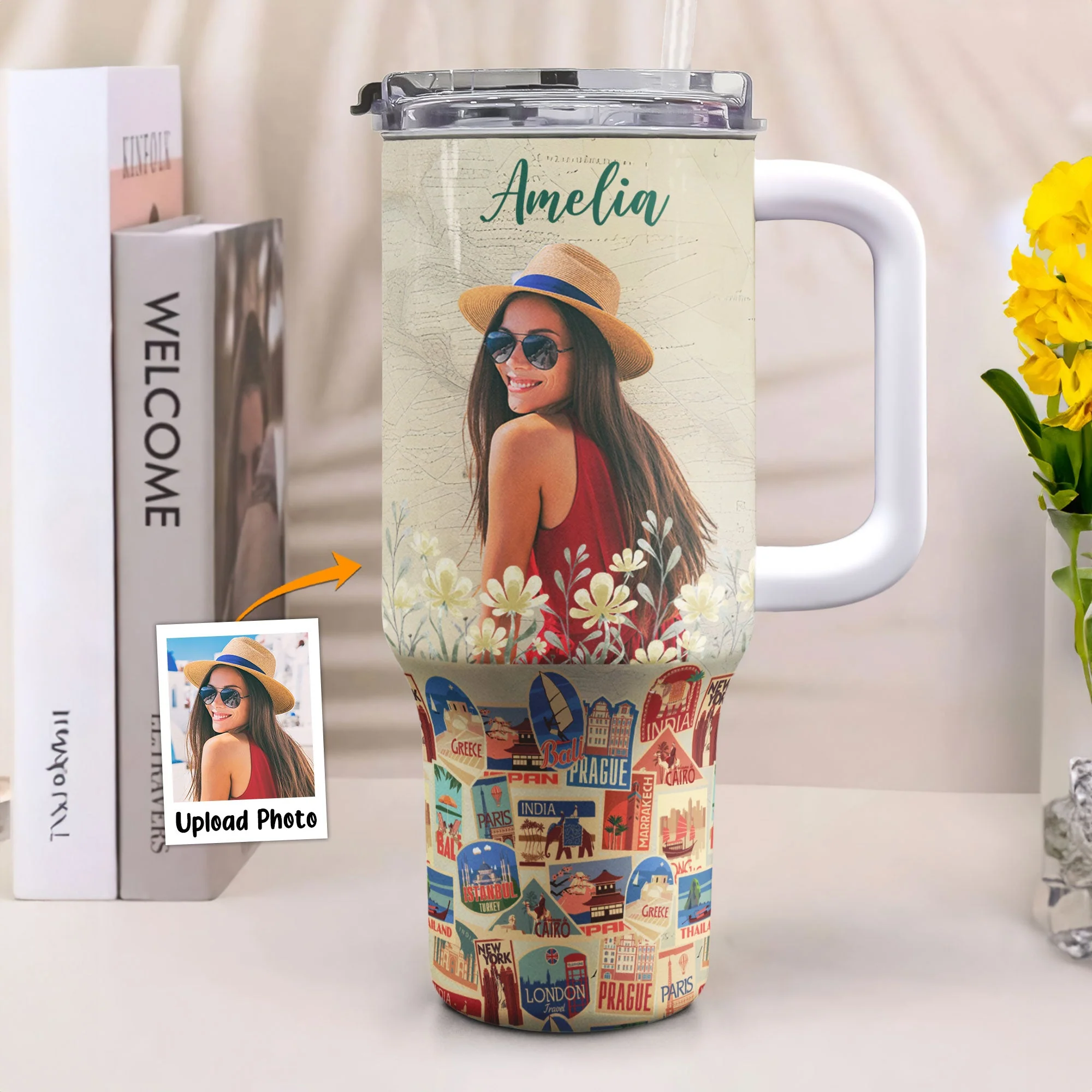 Custom Photo Travel Theme - Personalized Photo 40oz Tumbler With Straw - Image 2