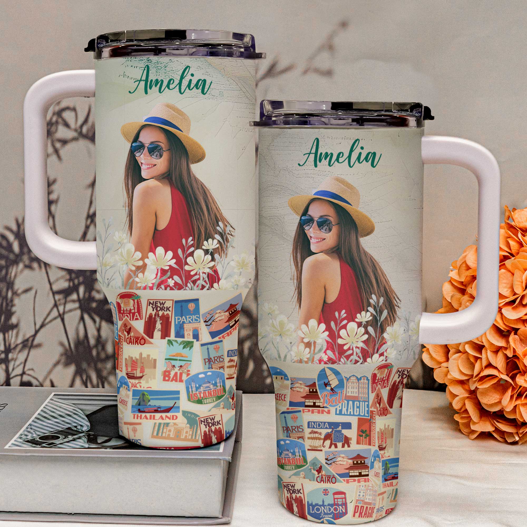 Custom Photo Travel Theme - Personalized Photo 40oz Tumbler With Straw - Image 5