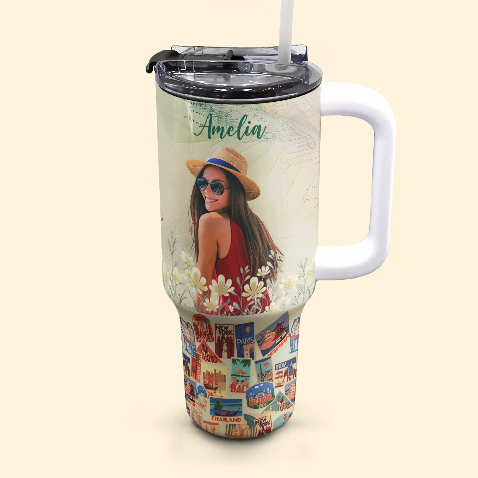 Custom Photo Travel Theme - Personalized Photo 40oz Tumbler With Straw - Image 6