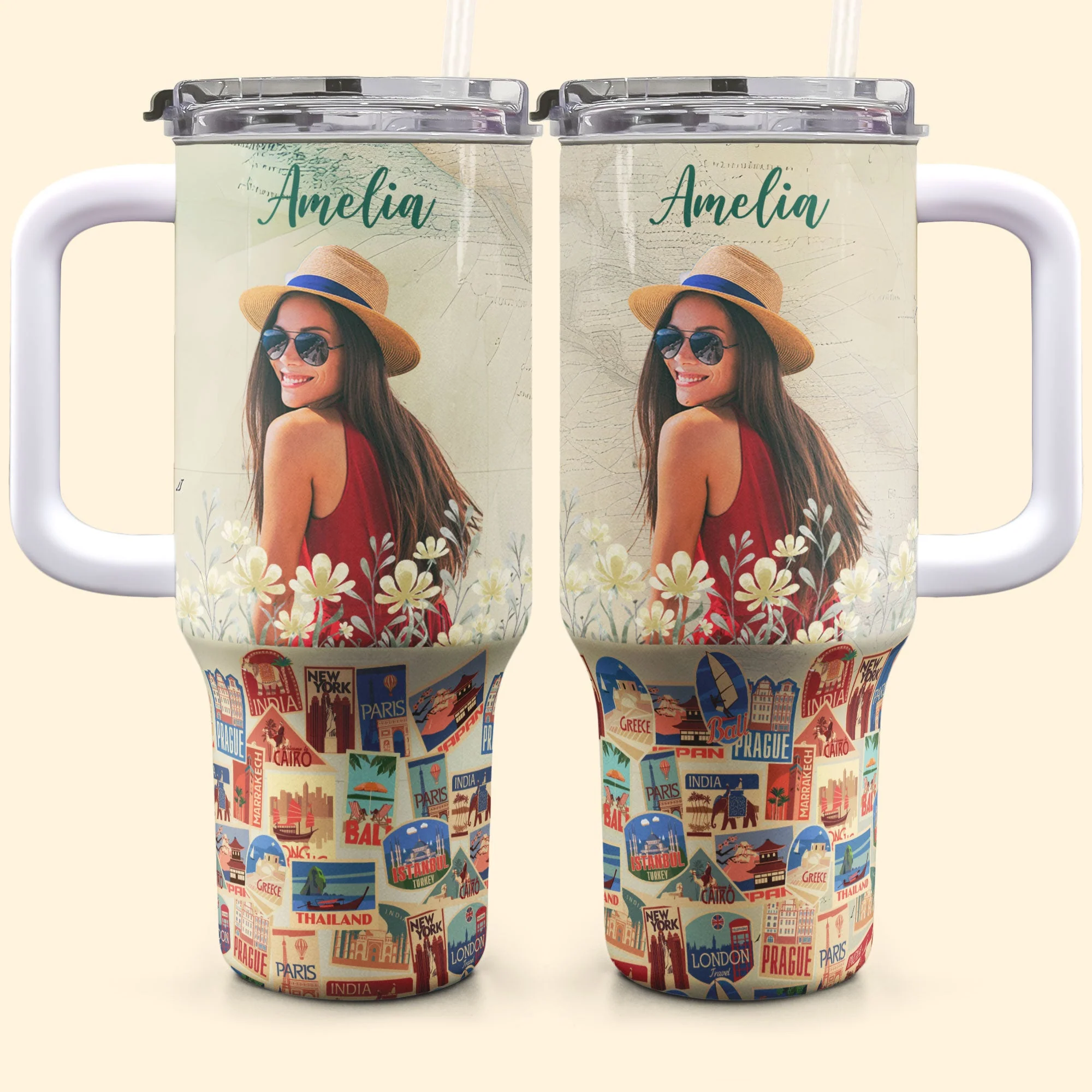 Custom Photo Travel Theme - Personalized Photo 40oz Tumbler With Straw - Image 7