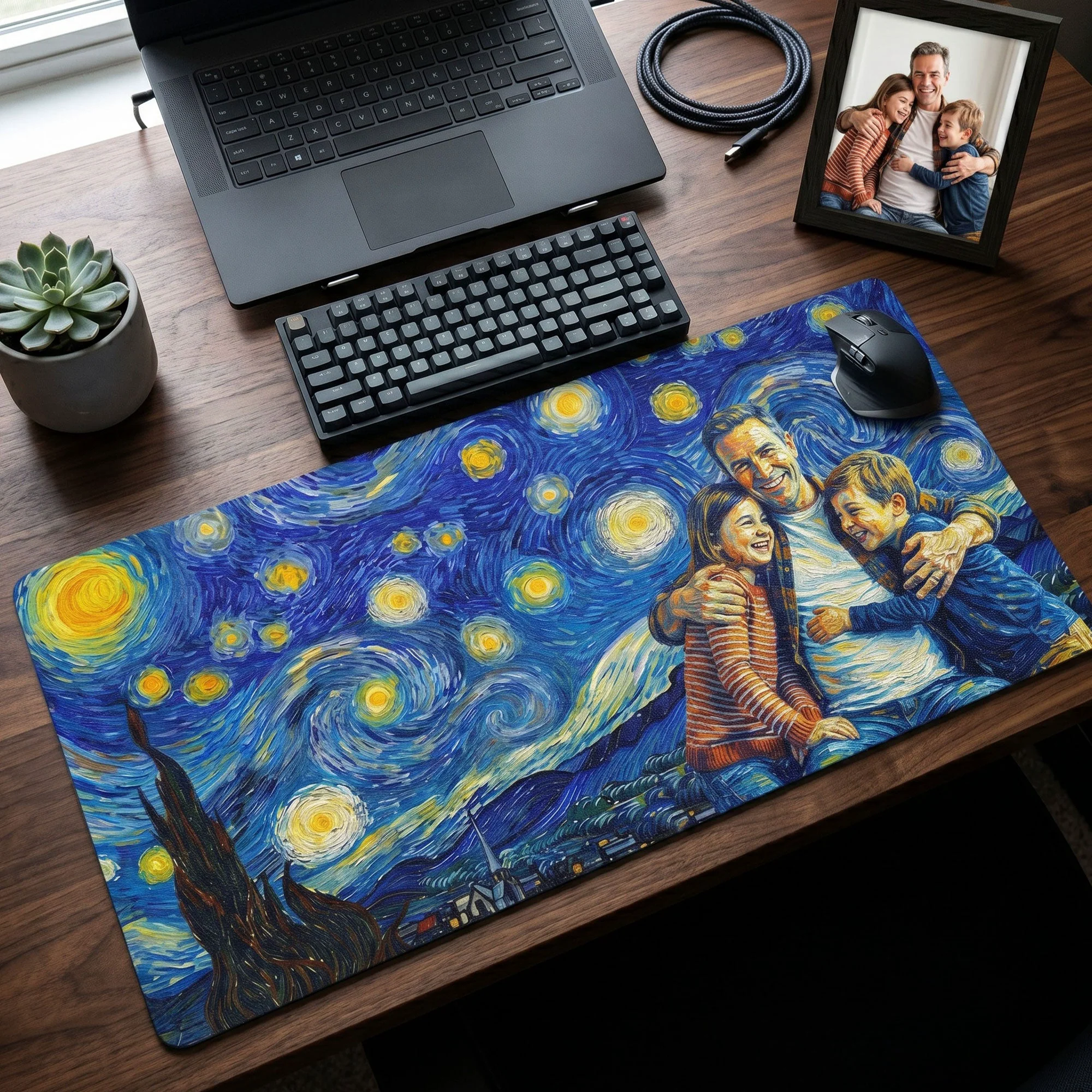 Custom Photo Van Gogh Art Father's Day Gift For Dad, Husband - Personalized Desk Mat - Image 2