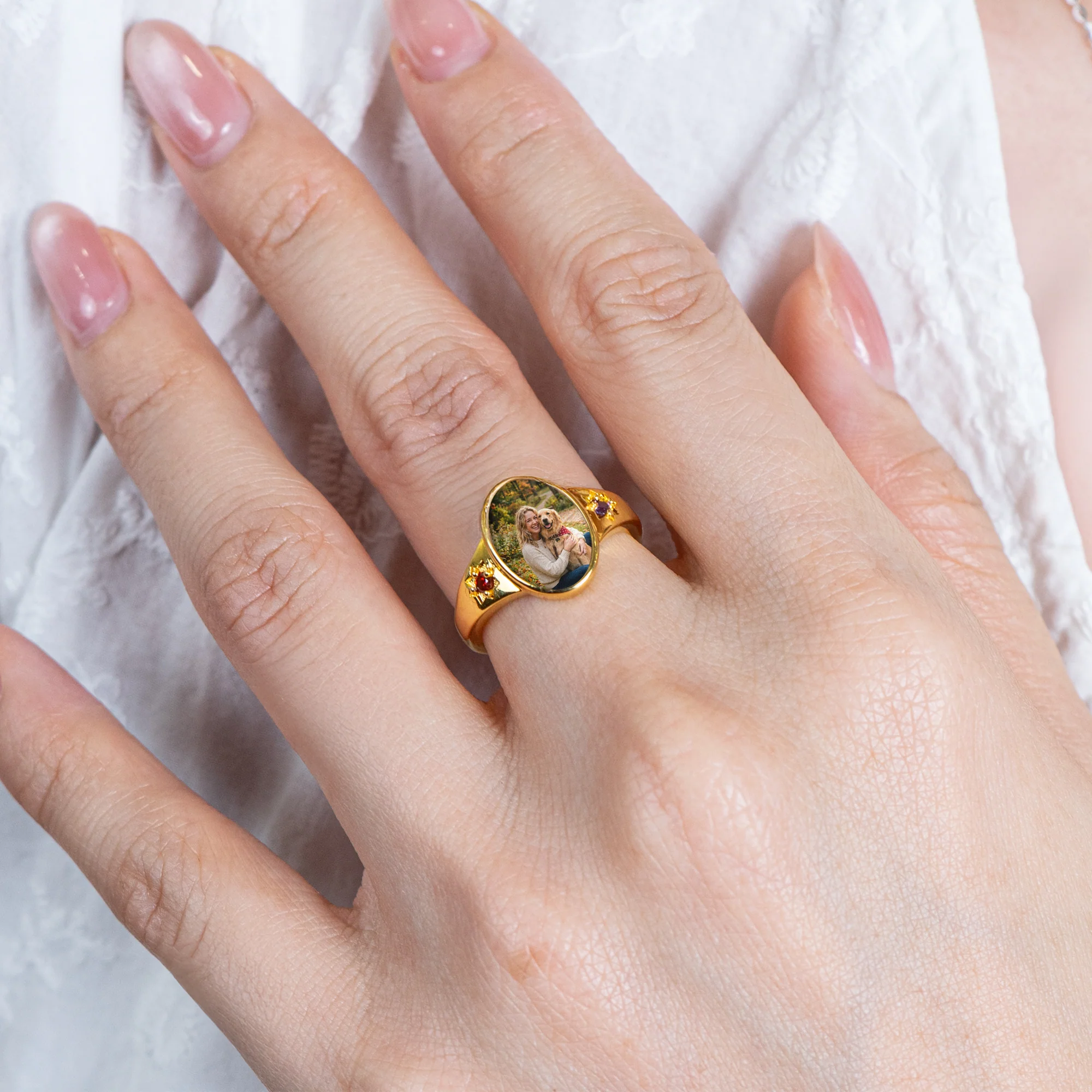 Custom Photo With Birthstones Memorial Gift - Personalized Ring - Image 5